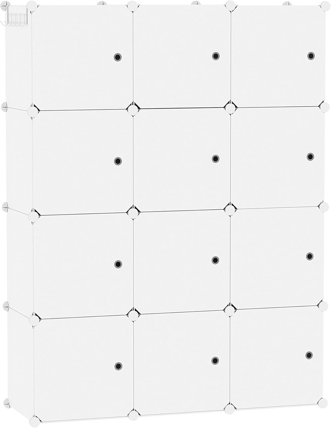 C&AHOME Cube Storage Organizer with Doors, 12-Cube Shelves, Closet Cabinet, DIY Plastic Modular Bookshelf Ideal for Bedroom, Living Room, 36.6”L x 12.4”W x 48.4”H Milky USHS3012M-DOOR