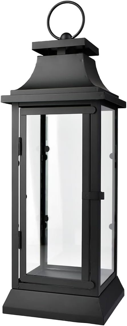 Serene Spaces Living Black Metal Hurricane Lantern with Clear Glass Panels – Hanging or Tabletop Decorative Lantern for Indoor & Outdoor – Weddings, Parties, Home Decor, 20″ Tall & 7.75″ Square