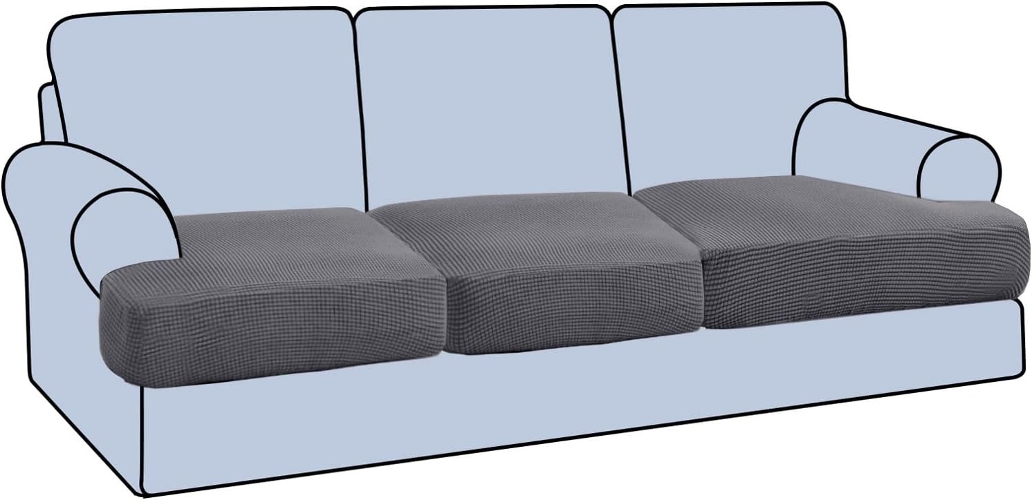 Stretch 3 Piece T Cushion Sofa Slipcovers Individually Sofa Cushion Covers for 3 Cushion Couch Sofa Seat Cushion Covers with Elastic Bands Featuring Thicker Jacquard Fabric, Gray