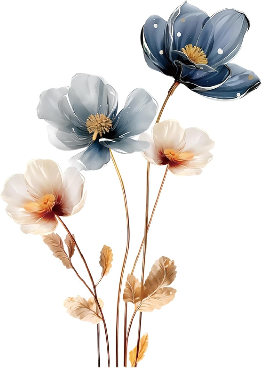 Gold Leaf Blue Flower Wall Decal PVC Wall Sticker Vintage Watercolor Floral Wall Art for Living Room Bedroom Home Decor