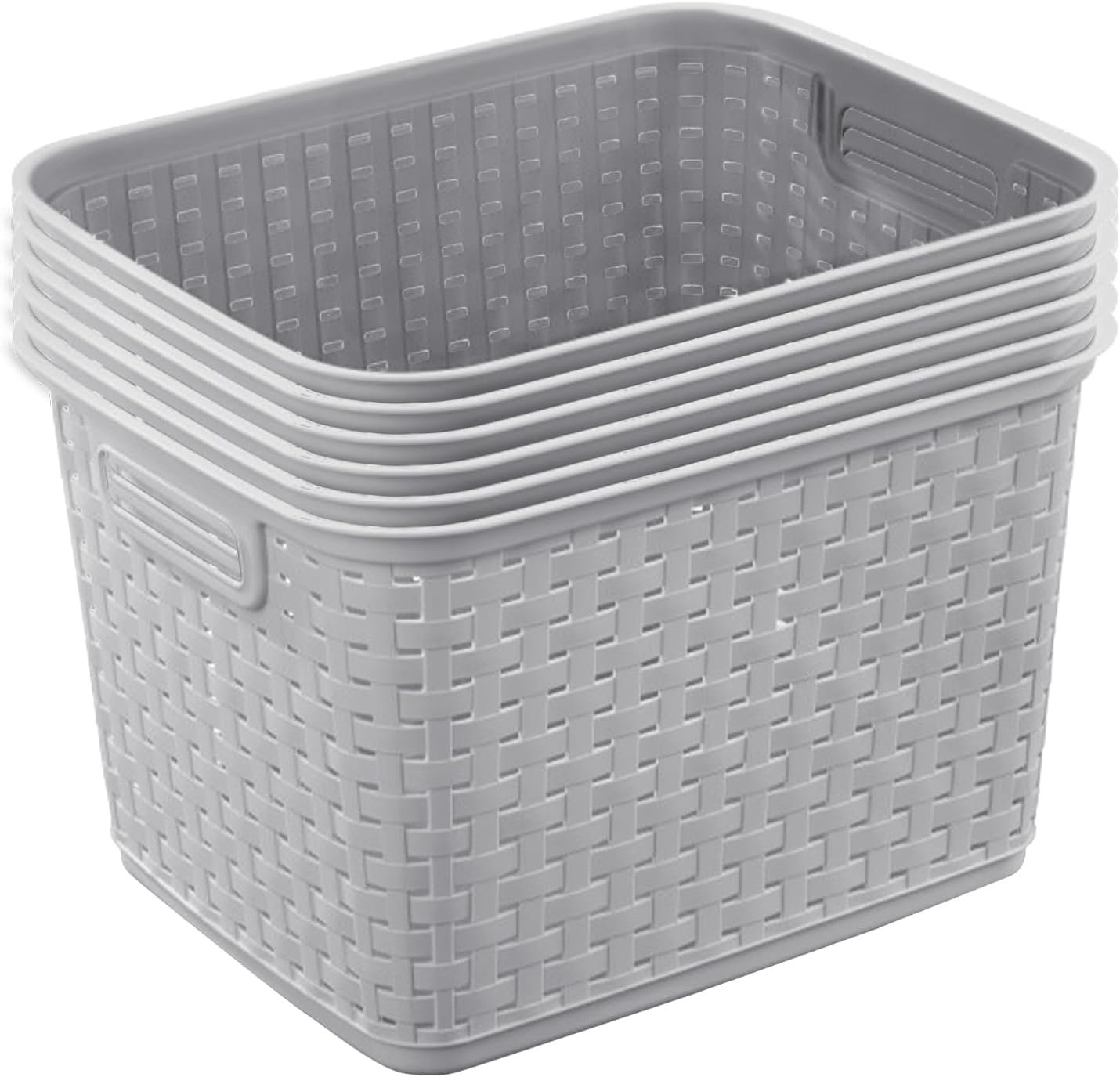 Sterilite 6-Pack Tall Weave Basket, Wicker-Style Plastic Open Storage Bin, Cement Gray – Multi-Purpose Decorative Organizer for Laundry Area, Shelves, Closets, Pantries, Living Rooms or Offices