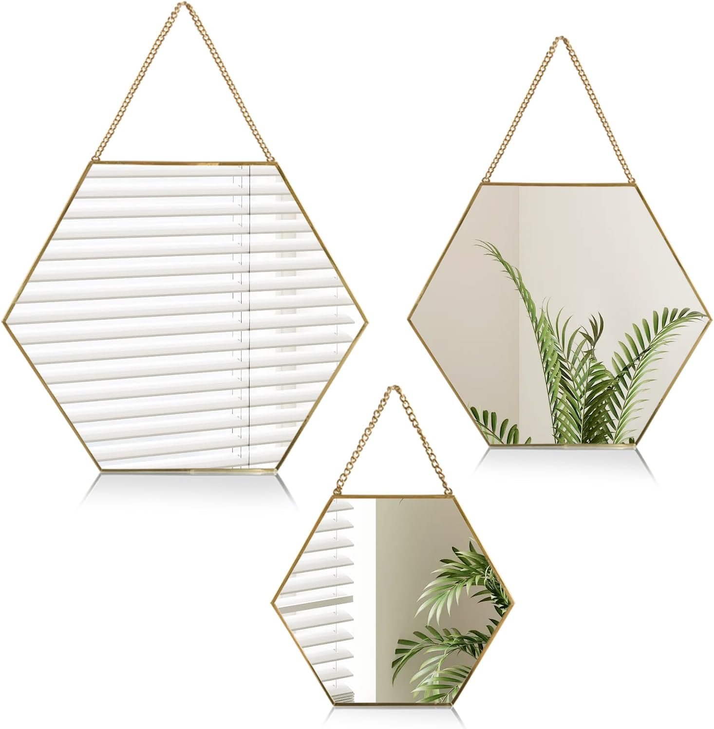 3 Pack Wall Mirrors Decorative with Hanging Chain, Modern Mirror Decor for Living Room, Bedroom, Bathroom, Entryway Hall，Easy to Hang (Golden, Hexagon)