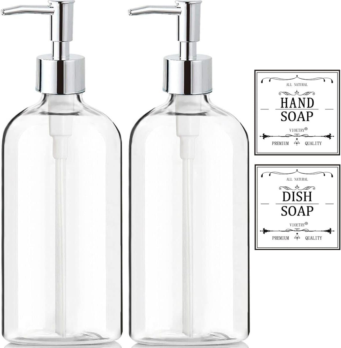 Clear Soap Dispenser with Rust Proof Pump, Waterproof Labels (2 Pack,16 Oz), Plastic Hand Soap Dish Soap Dispenser for Kitchen Bathroom