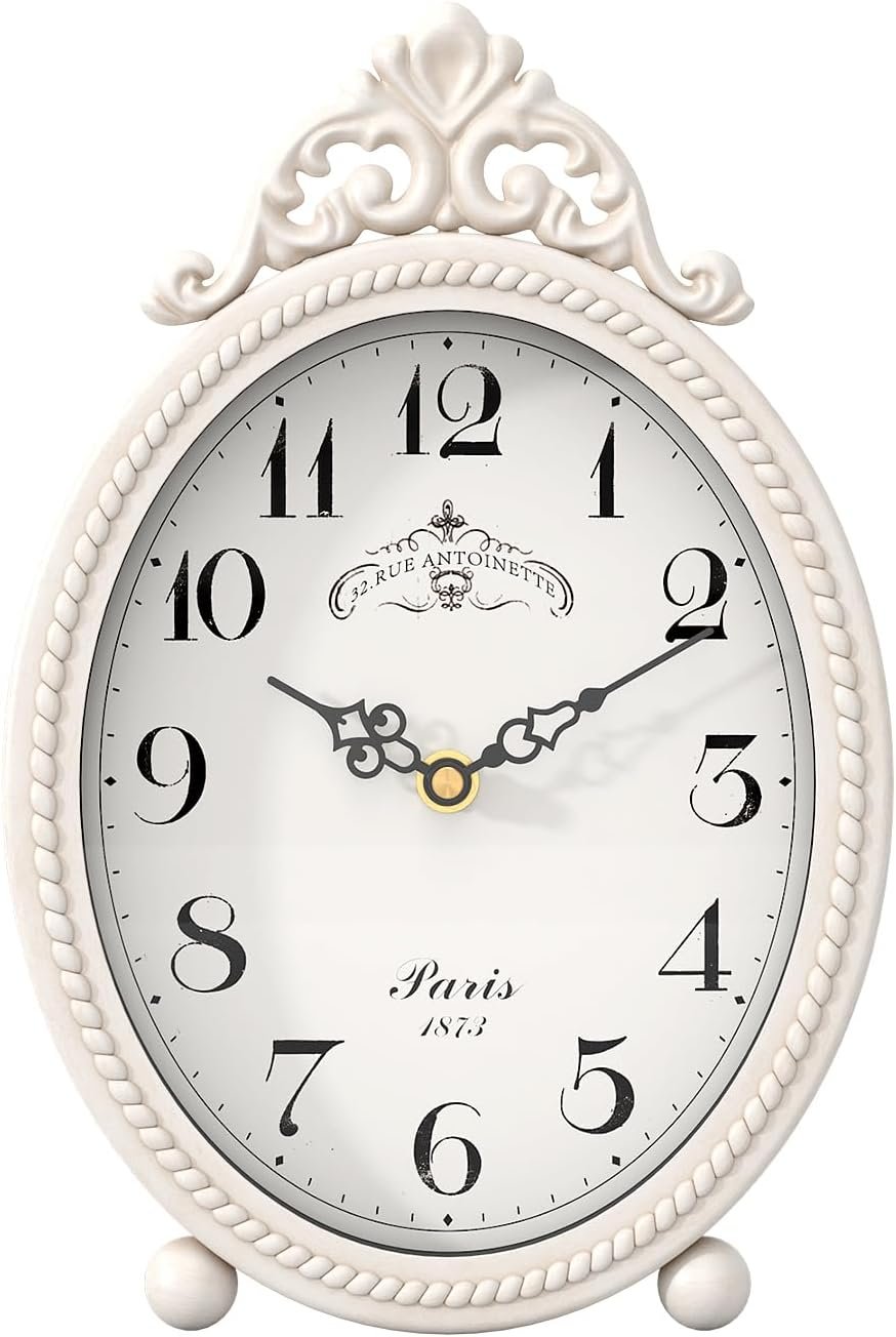 Abdurey Vintage Table Clock on Stand, Desk and Shelf Decorative Clock, French Rustic Style Antique White Mantel Clocks for Living Room,Farmhouse,Bedroom,Bedside,Gift Clocks