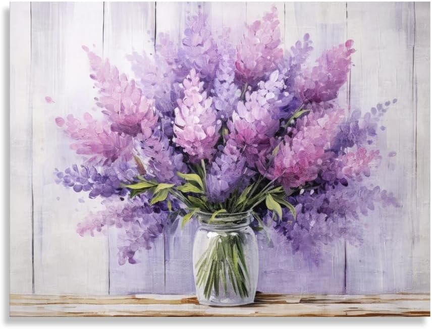 Rustic Lavender Wall Art Country Floral Canvas Prints Botanical Wall Art Watercolor Flower Bathroom Wall Decor Painting Purple Canvas Wall Art Modern Artwork for Bedroom Framed 12″X16″