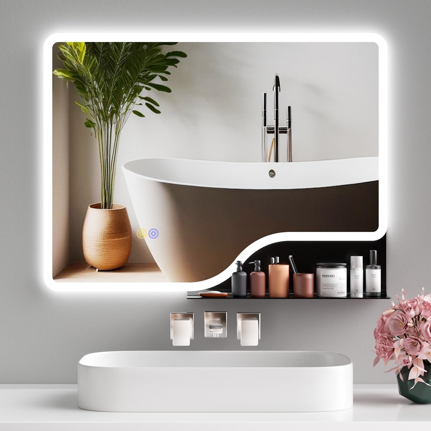 32″x 24″ LED Bathroom Mirror with Shelf, 3 Colors Backlit Vanity Mirror with Lights, Wall-Mounted Bathroom Mirror with Lights, Smart Mirror with Anti-Fog, Stepless Dimmable, Memory (UL, ETL)