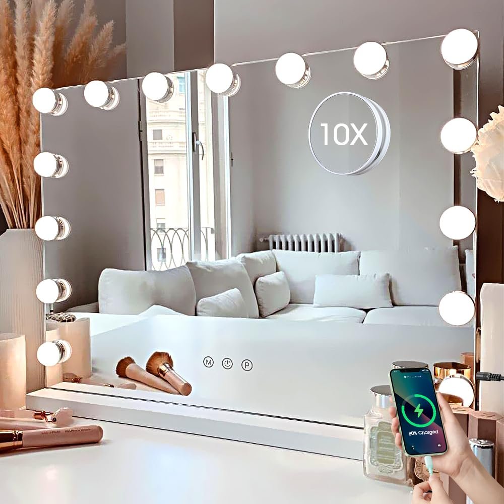 Kottova Vanity Mirror with Lights, 23×18″ Makeup Mirror, Hollywood Mirror with 15 LED,3 Color Modes & Detachable 10X Zoom Mirror,Slim Metal Frame Design,Smart Touch Control,Plug in