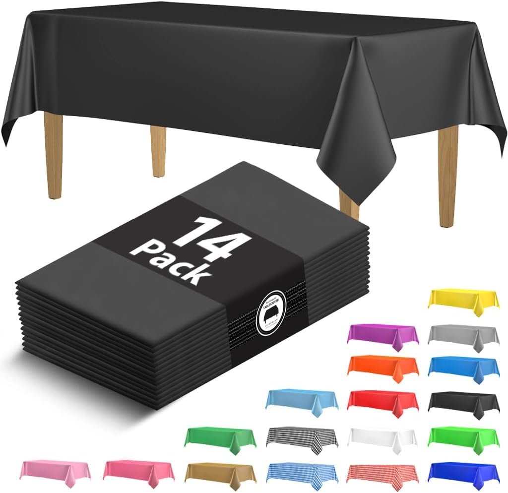 14 Pack Black 54 x 108 in. Rectangle Disposable Plastic Tablecloths – Smooth Decorative Covers for Parties, Weddings
