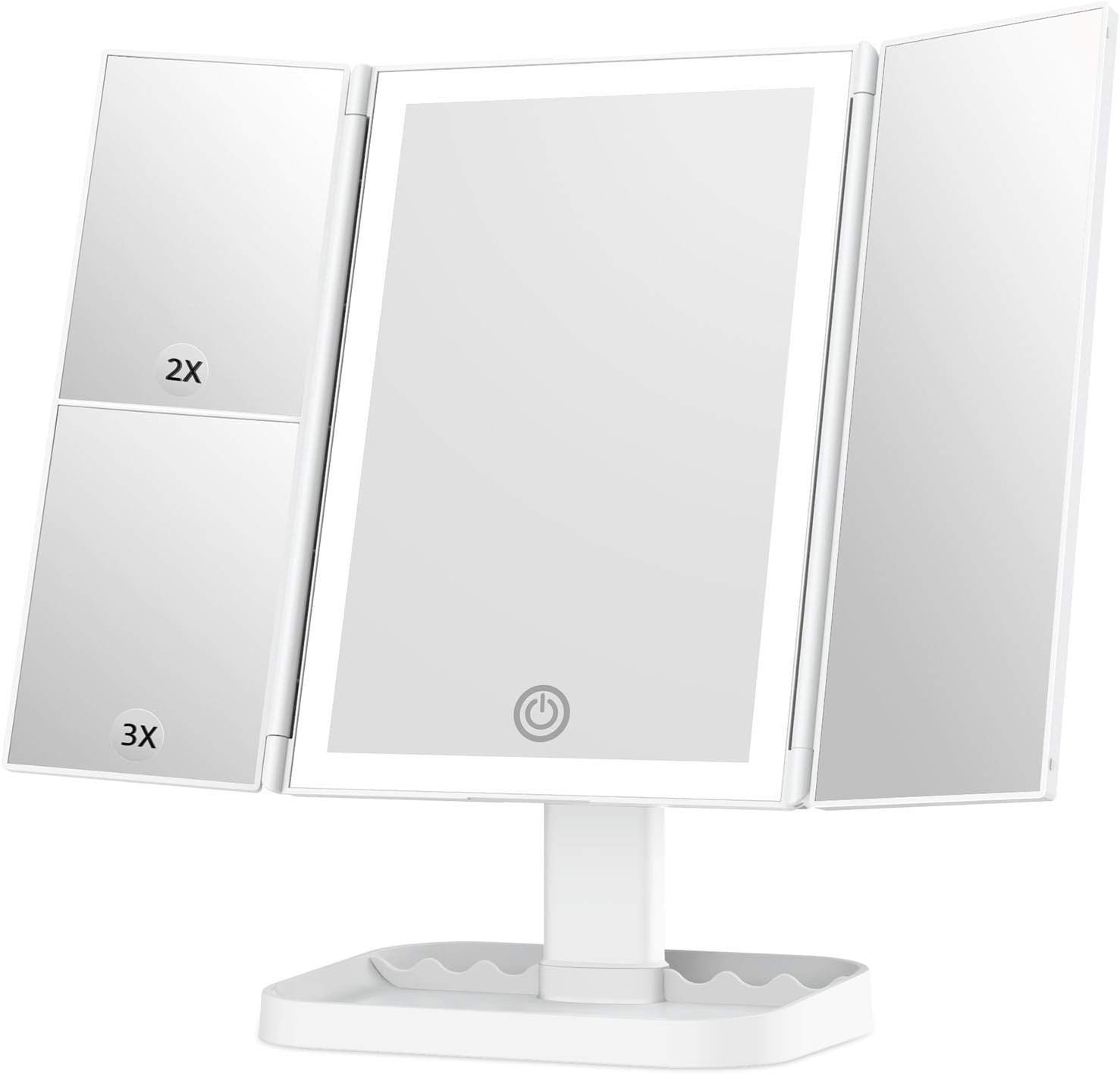 Wireless Rechargeable Lighted Makeup Mirror with 3 Color Lighting, 2000mAh Rechargeable Battery, 10x 3X 2X Magnification, 24 LED, 360 Degree Rotation, Gift for Woman (White)