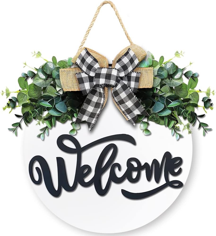 Welcome Sign for Front Door, Front Door Decor for Farmhouse Porch, Rustic Welcome Wreaths with Stapled Greenery, Round Wooden Hanging Sign Housewarming Gift for Home Outdoor Indoor (White)
