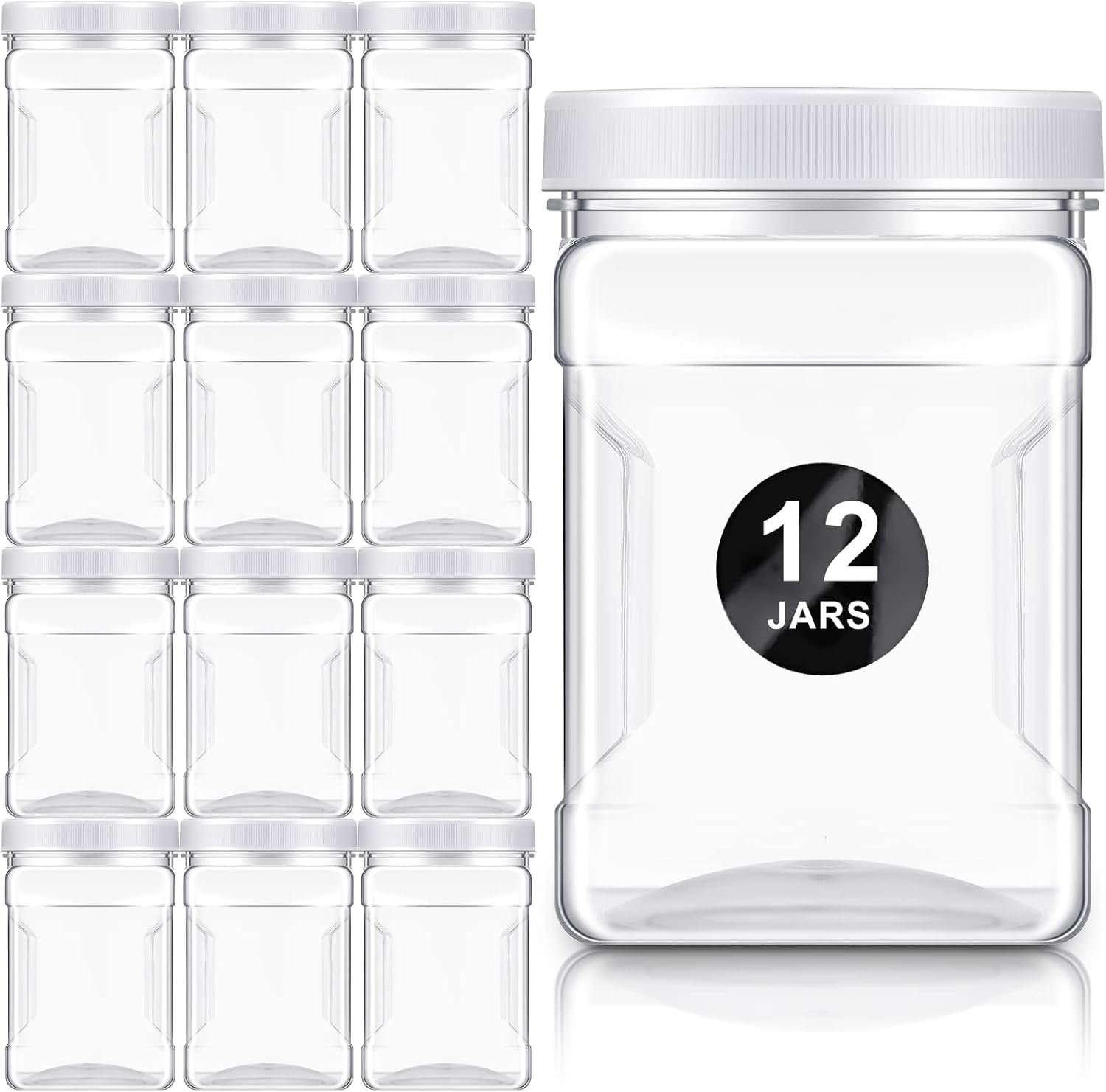 Gerrii 12 Pcs Clear Plastic Storage Jars with Lids, 27 oz Square Plastic Containers, Paint Storage Containers with Easy Grip Handles, Reusable Wide Mouth Canisters