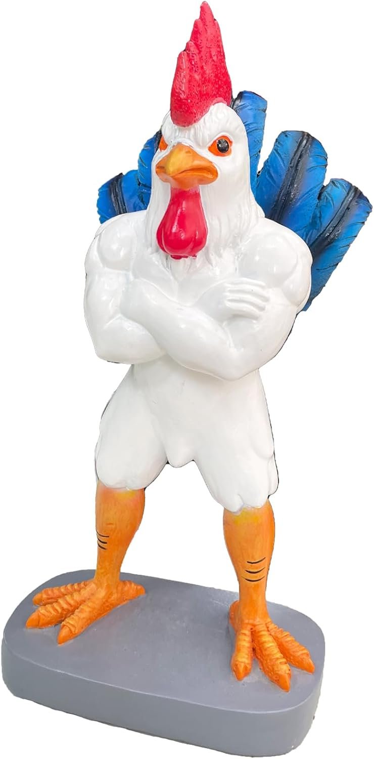 Eagle-Eyed Muscular-arms Rooster Statue Collection, Cock, Solid Figurine, Smooth Surface, Fearless Characters, 9” Tall, Gift, Indoor/Outdoor Décor for Desk, Table, Garden