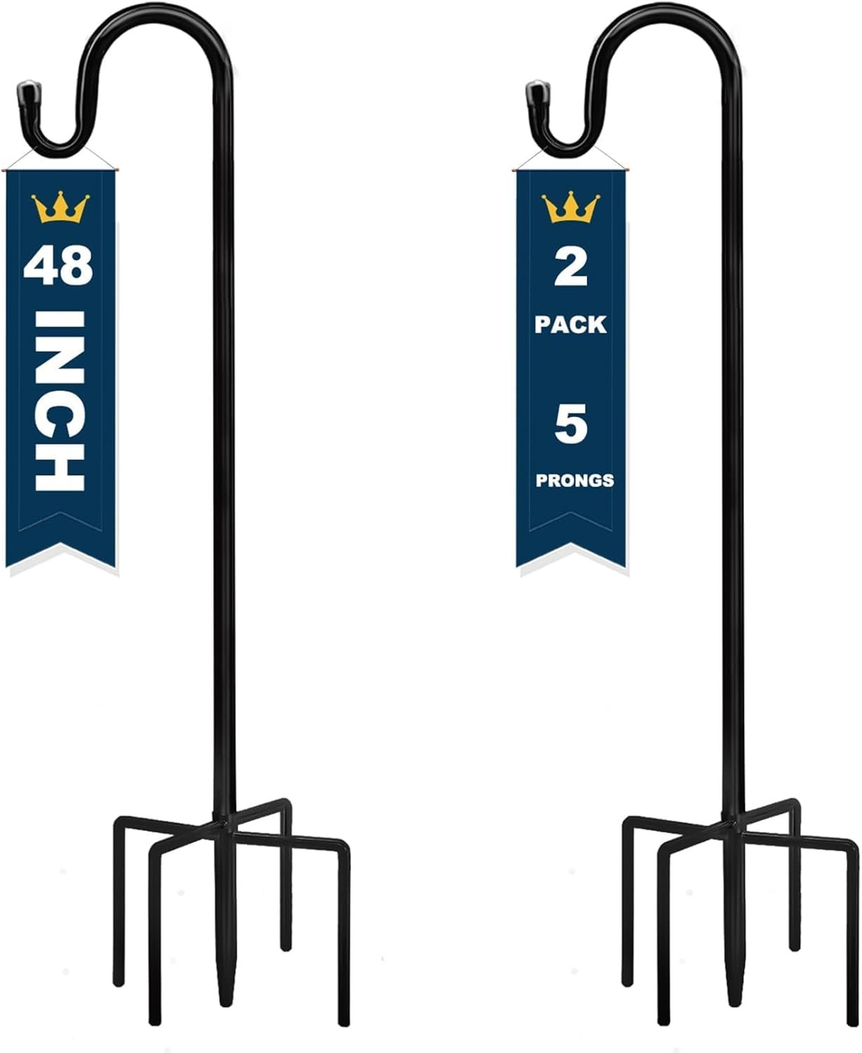 TIEBOLA Shepherd Hooks 2 Pack – 48 Inches High 1/2 Inch Thick Adjustable Rust Resistant Shepards Hooks with 5 Prong Base for Hanger Holder, Wedding Decor, Lanterns, Flower Basket, Bird Feeder.