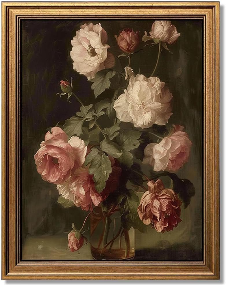 Gold Framed Wall Art Vintage Flower Vase Painting Canvas Print Living Room Bedroom Kitchen Wall Decor (flower vase, 16″ L x 12″ W)