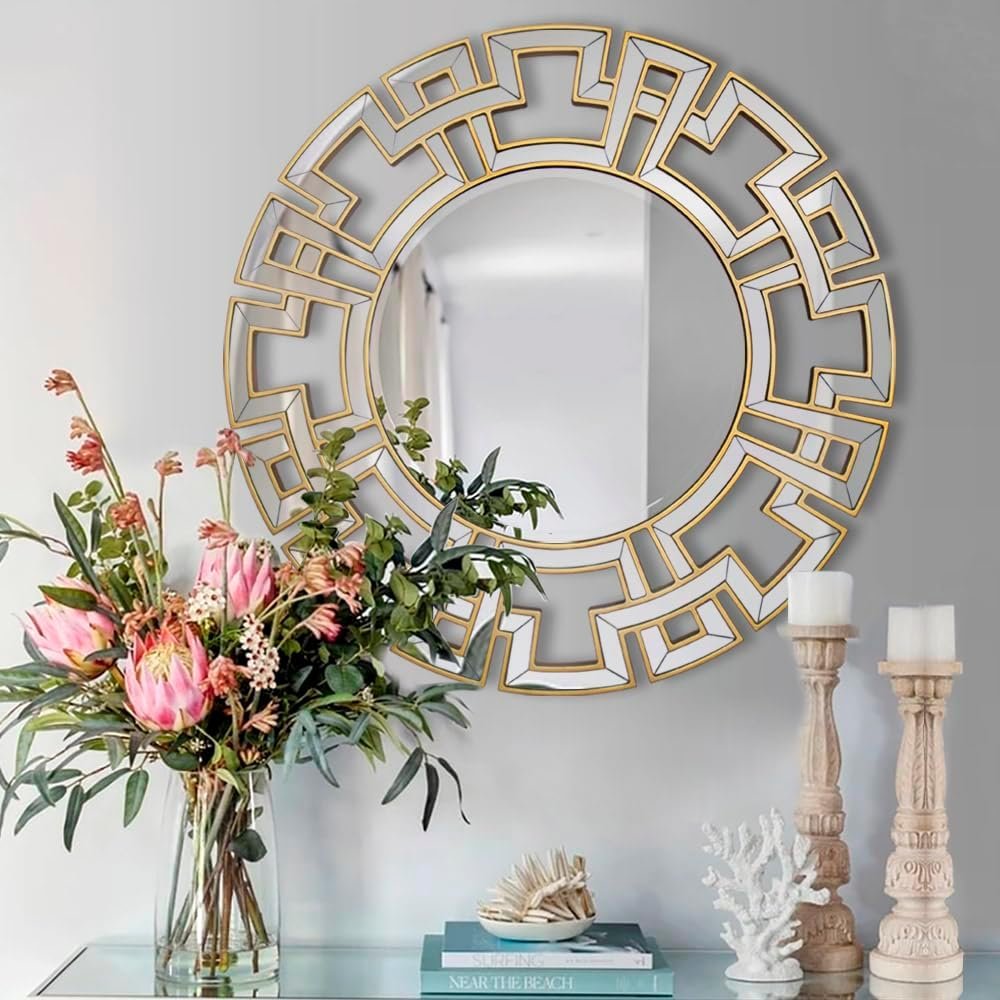 Chende Round Mirrors for Wall Decor, 32” Gold Wall Mirror with Beveled Glass Frame, Modern Decorative Mirror with Wood Frame for Living Room, Entryway, Dining Room, Bathroom