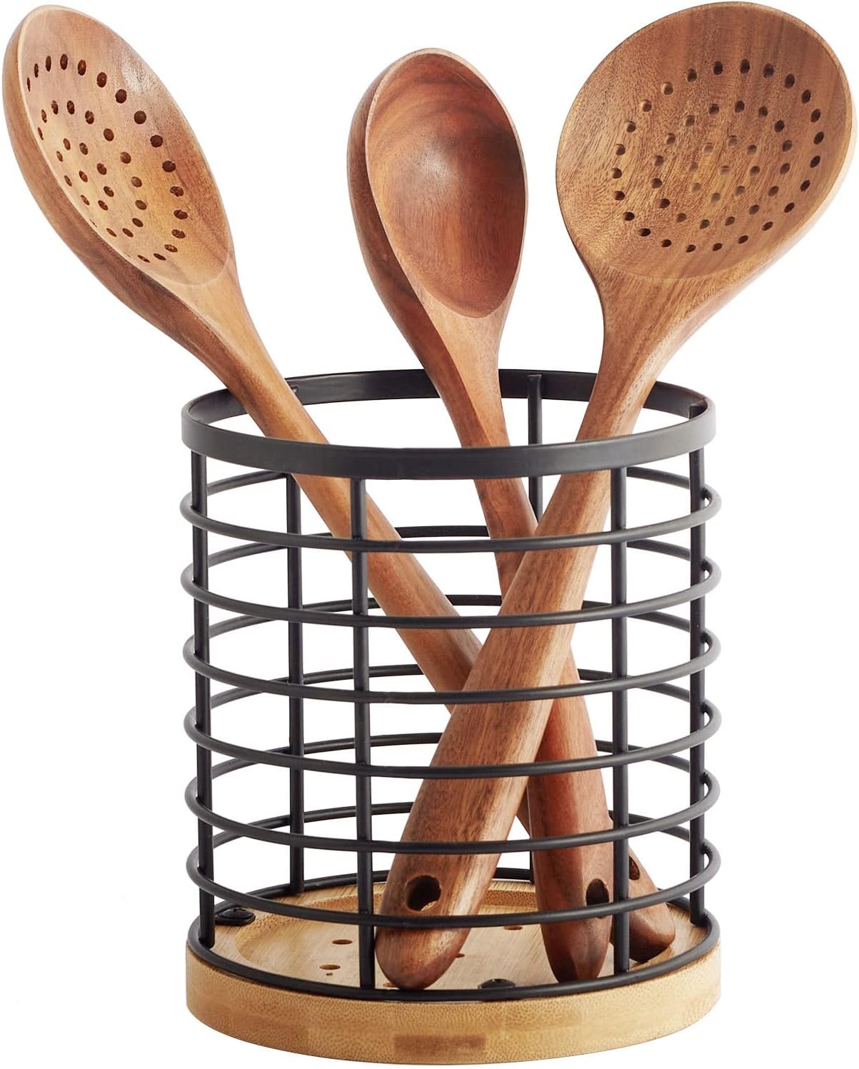 Utensil holder for Kitchen Counter – 5.2″ x 5.2″ x 6″ Large Round with Wooden Base Matte Black Cooking Utensil Holder Utensil Organizer (Metal+Bamboo)
