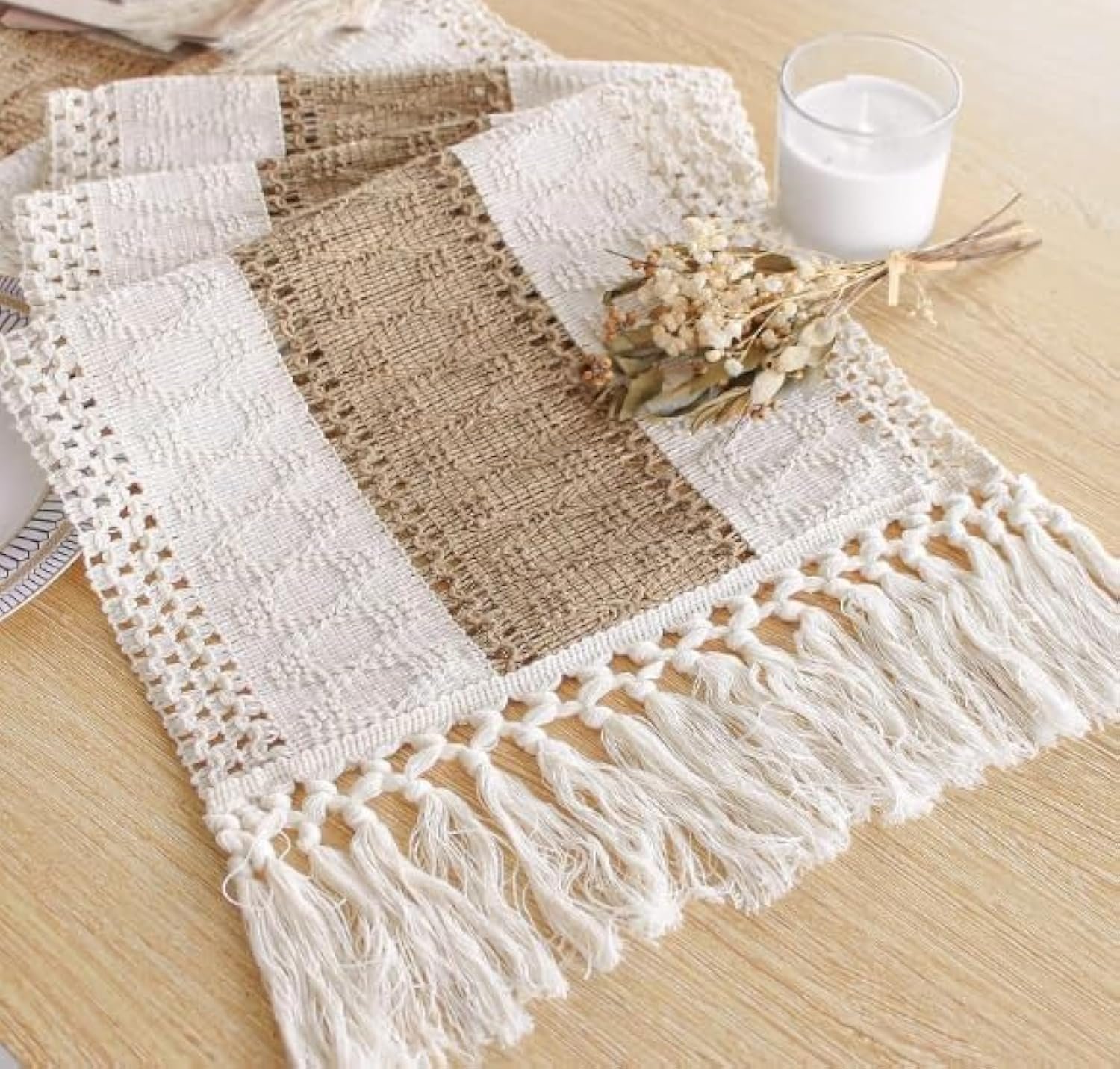 Fexia Boho Table Runner for Thanksgiving Home Decor with Tassels 90 Inch Cream & Brown Macrame Runner for Dining & Bedroom Baby Bridal Shower Decor(12×90 Inches)
