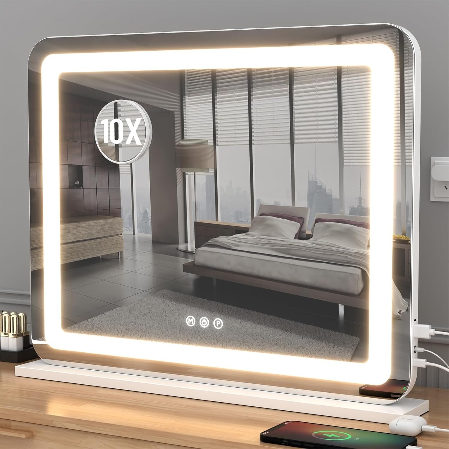 Vanity Mirror with Lights, 23″x 18″ Large LED Lighted Mirror with Detachable 10X Magnification & 3 Colors Modes, and USB Charging Port for Vanity Desk Tabletop (White, 23 * 18)