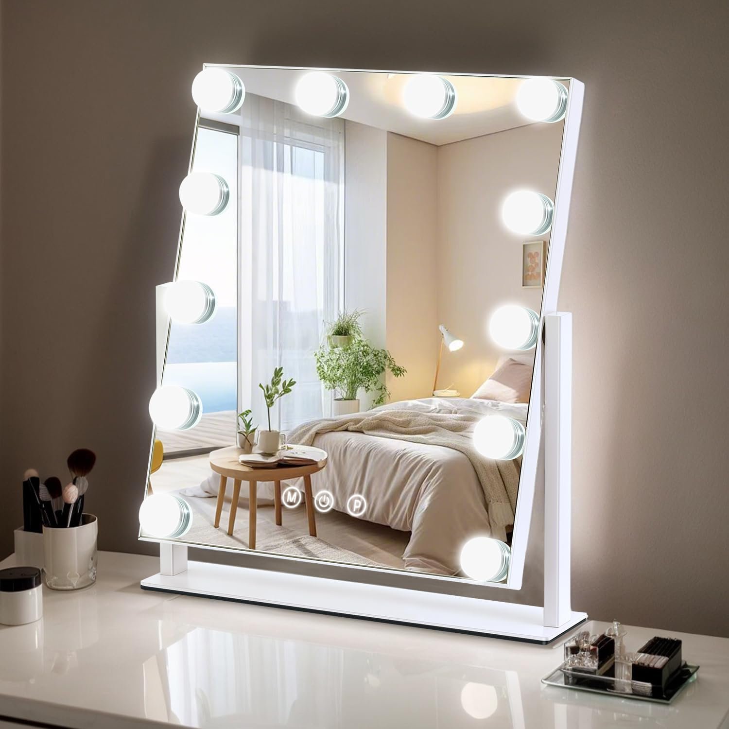 Vanity Mirror with Lights, 13” x 11” Lighted Makeup Mirror for Desk, Hollywood Mirror with 12 Dimmable Bulbs, 3 Color Modes, Smart Touch Control, 360°Rotation