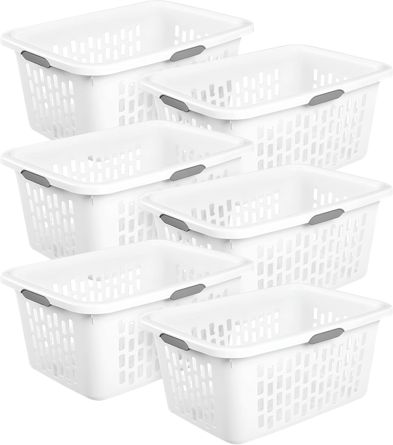 Sterilite Laundry Basket, Plastic Clothes Hamper, Large Rectangle Bin with Comfort Grip Handles and Reinforced Rim, 2 Bushel Capacity, White, 6 Pack