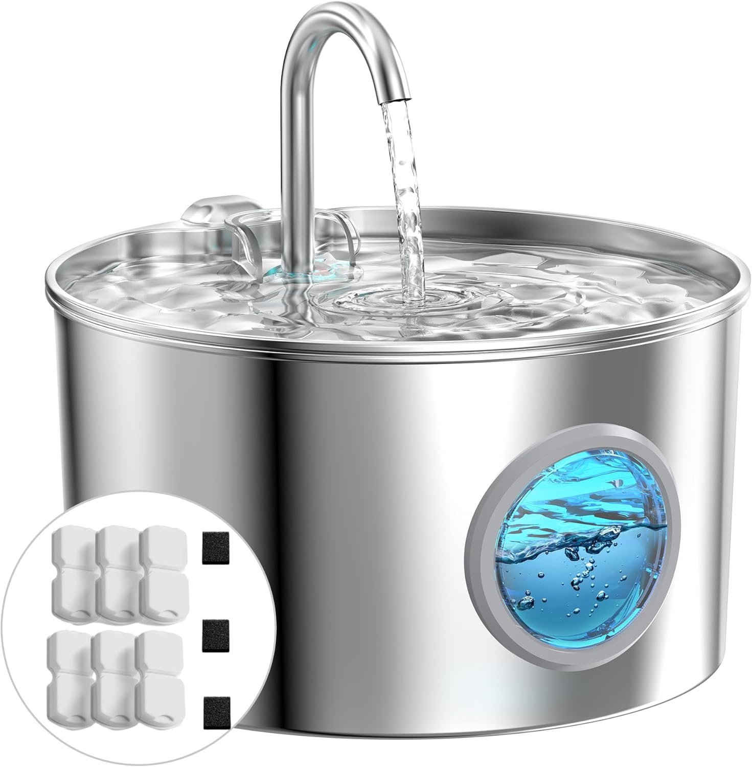 Cat Water Fountain Stainless Steel: Cat Fountain for Drinking – Pet Water Fountain for Cats Inside – 74oz/2.2L Quiet Cats Water Bowl Dispenser – Kitten Drinking Fountains – 6 Filters + 3 Sponges