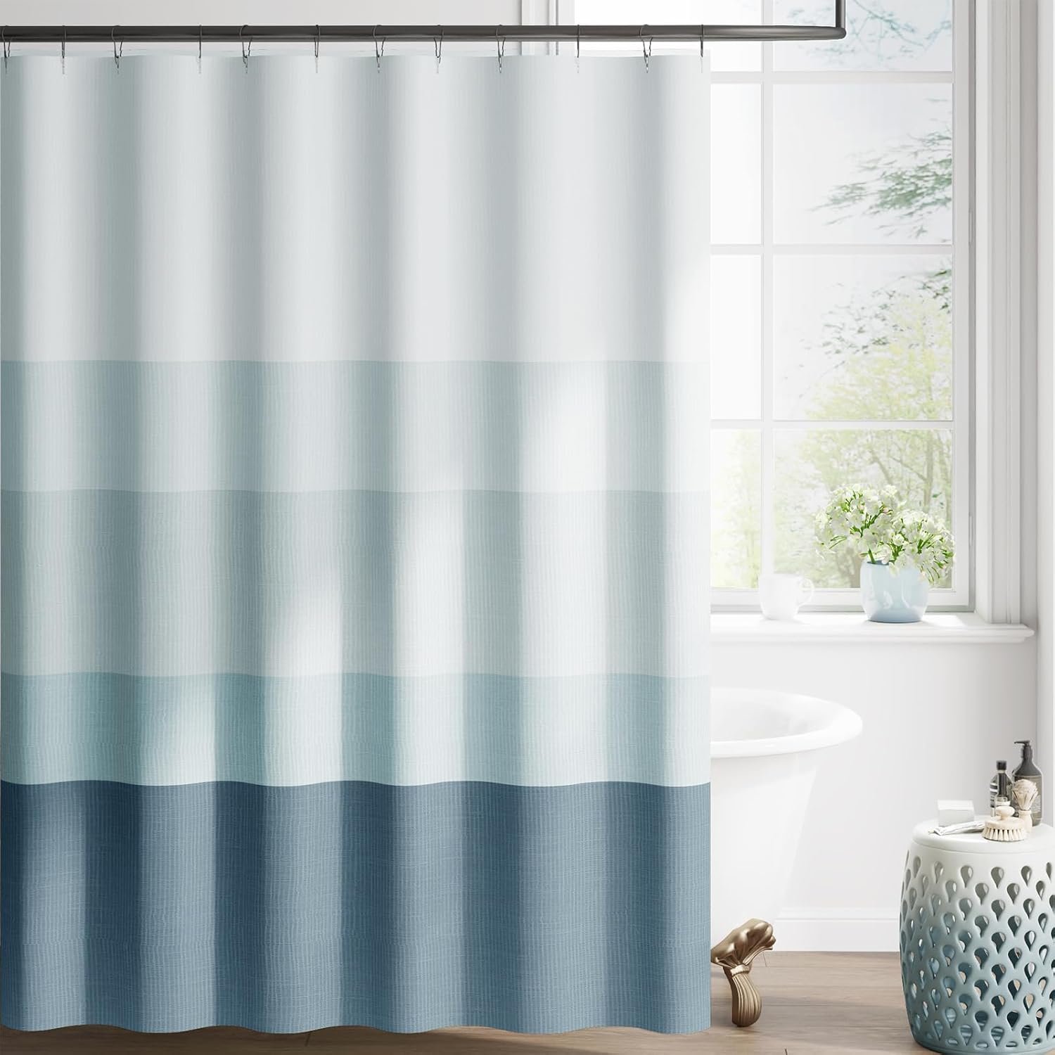 jinchan Ombre Ocean Blue Striped Shower Curtain Waterproof Fabric Shower Curtains for Bathroom Gradual Color Minimalist Design Modern Neutral with 12 Hooks 70×72 Inches