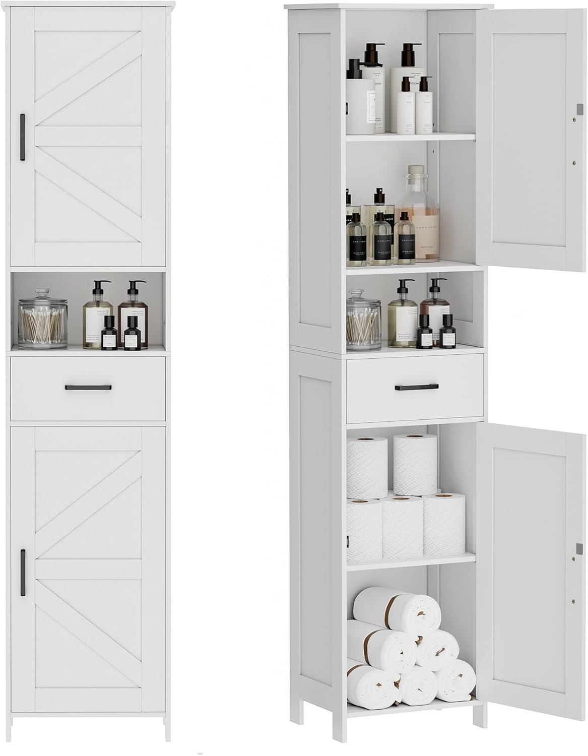 Homhedy 67″ H Tall Bathroom Storage Cabinet with 2 Barn Doors and 1 Drawer, Narrow Storage Unit, Adjustable Shelves, Floor Cabinet for Bathroom, Living Room, Entryway, Kitchen, White, (15.7″ W)