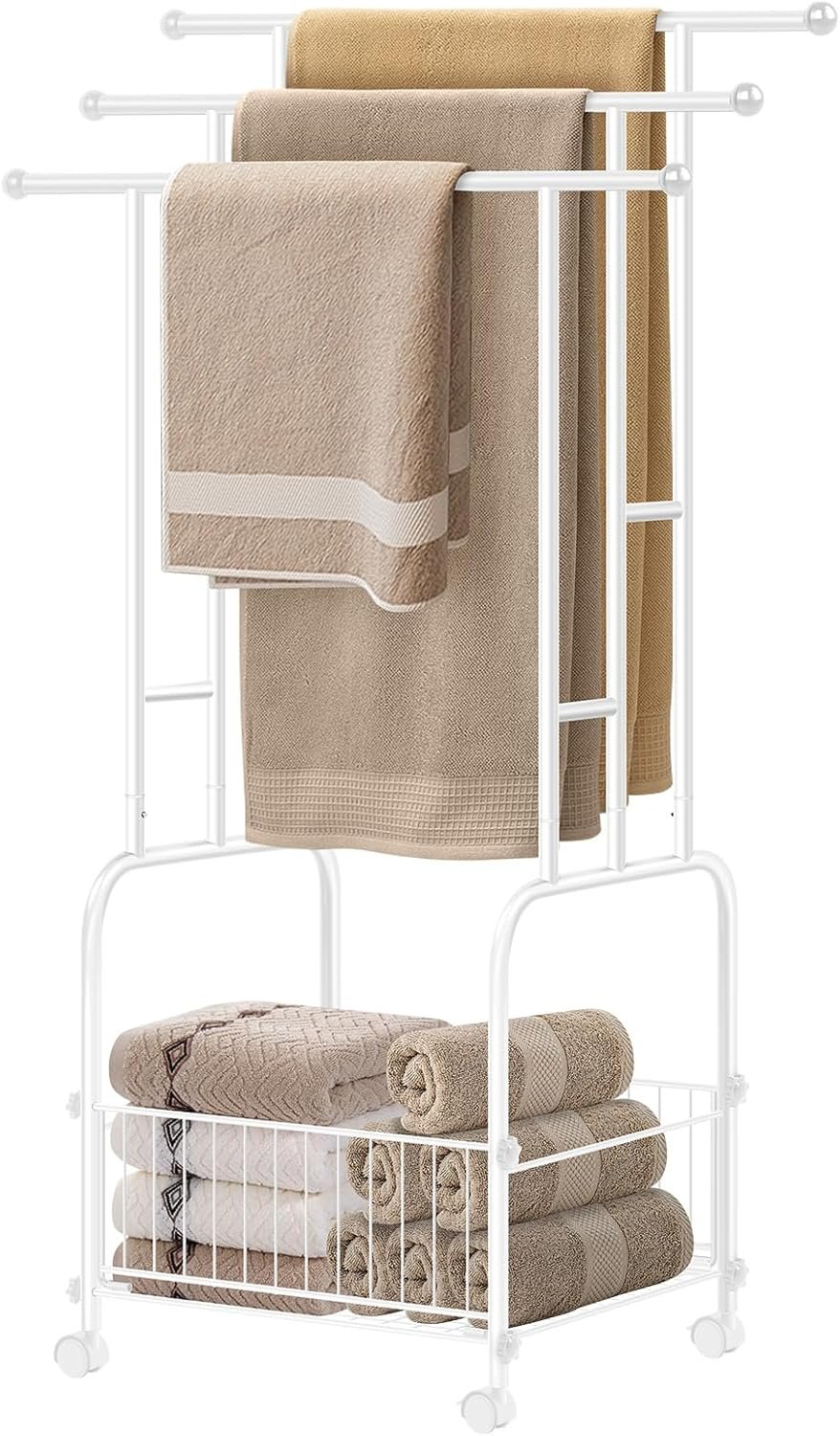 HAITRAL 3 Tiers Standing Towel Rack, 42″ H Bathroom Towel Holder with Basket, 360 ° Rotating Casters with Lock, Freestanding Towel Rack for Bathroom, Laundry, Swimming Pool, Livingroom (White)