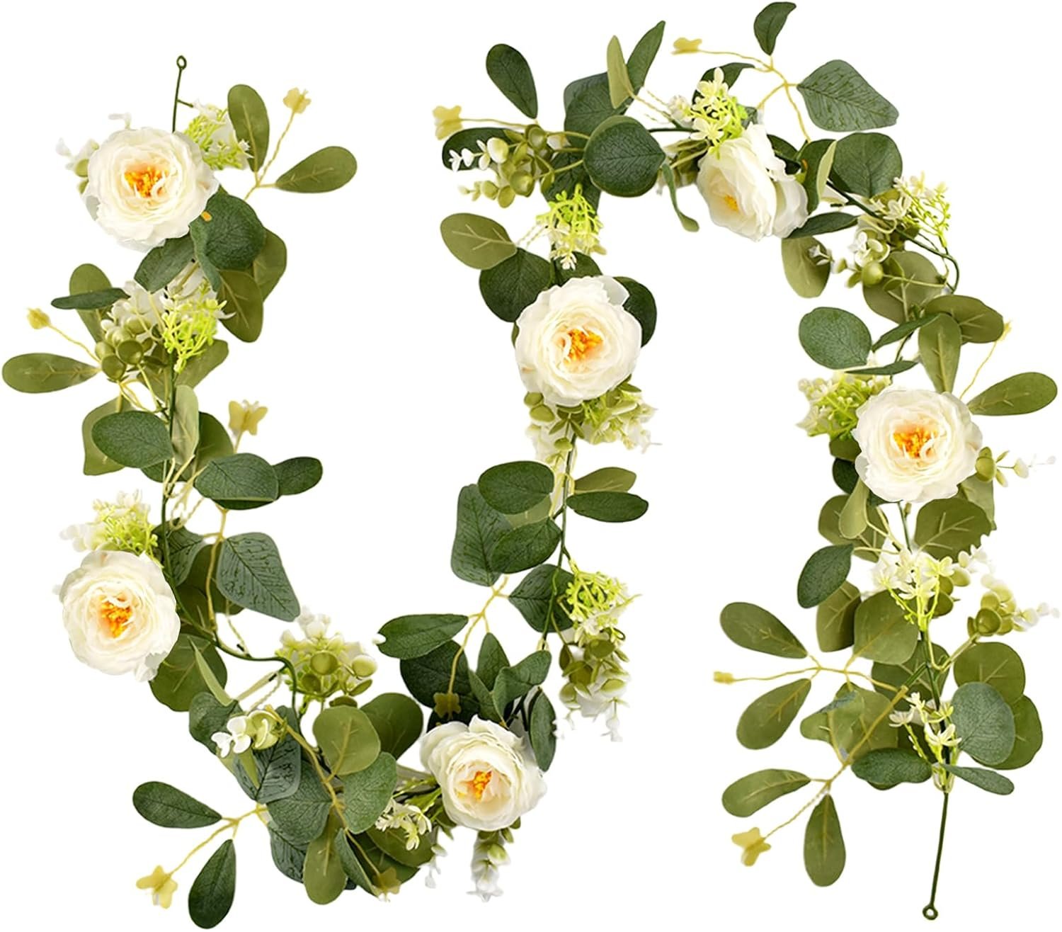 6Ft Artificial Eucalyptus Flower Garland,Flower Garlands with 6 White Roses,Eucalyptus Garland with Flowers Use for Wedding/Table/Backdrop/Arch Birthday Party Indoor Outdoor Decor