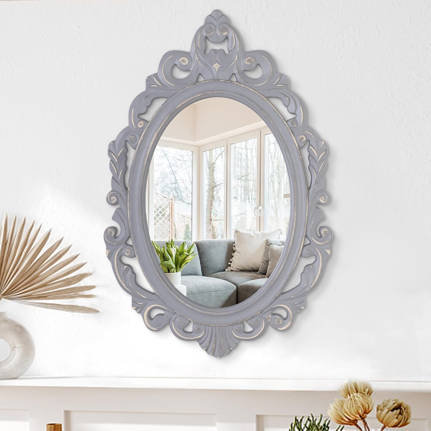 Oval Wooden Hanging Mirror – Grey Carved Frame Wall Mirror Rustic Vintage Decorative Aesthetic for Vanity Bedroom Living Room Entryway Farmhouse 24″x16″