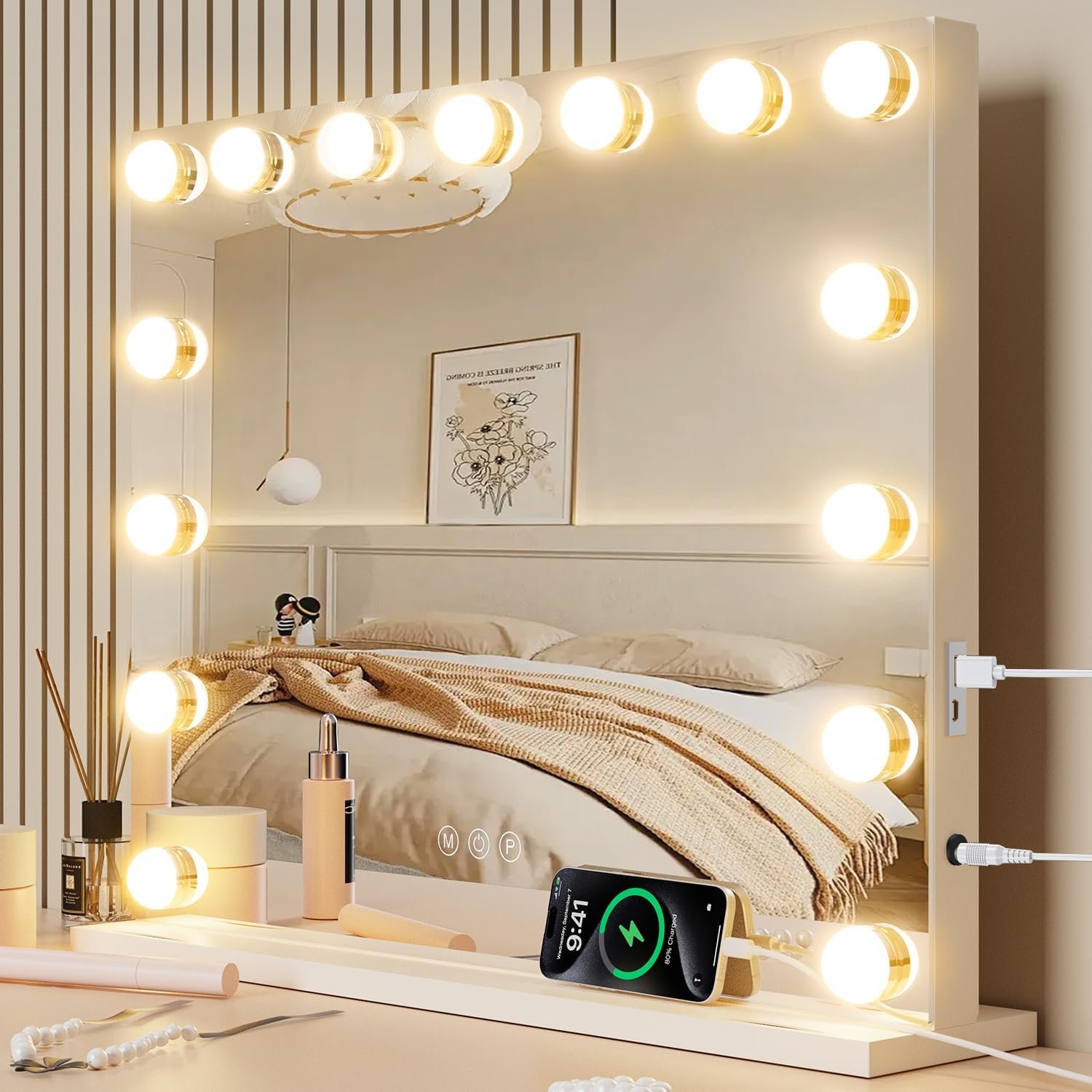 VESAUR 23″ Large Vanity Mirror with Lights, Hollywood Lighted Makeup Mirror with 10X/15X Magnification, 15 Dimmable LED Bulbs 3 Colors, USB/Type-C Charger Port, Tabletop& Wall Mount, Aluminum Frame
