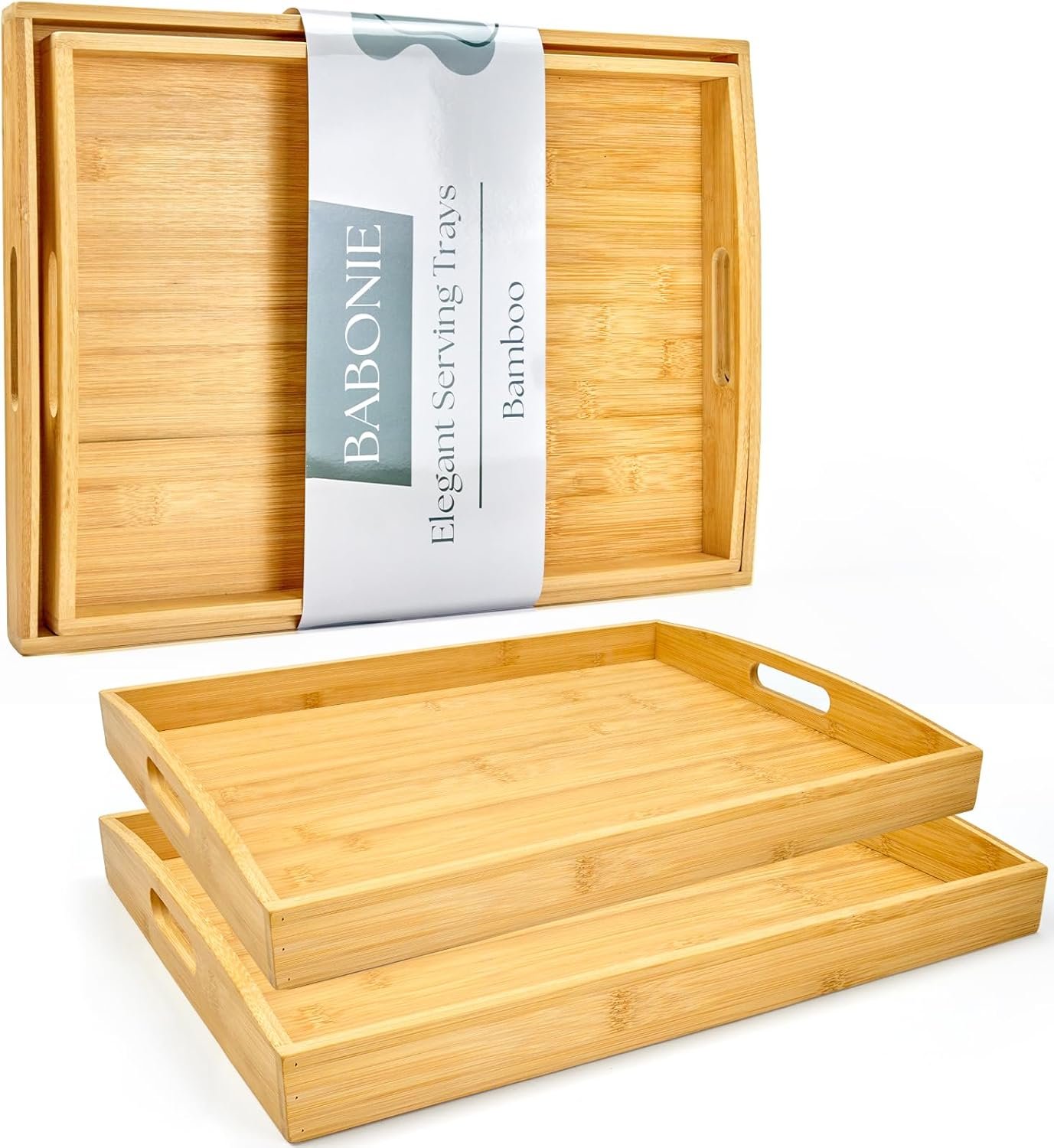 Bamboo Serving Tray with Handles Set of 2 – Decorative Wooden Trays for Eating, Working, and Storing, Suitable for Use in Bedroom, Living Room, Kitchen, Bathroom, Outdoor Scenarios and More