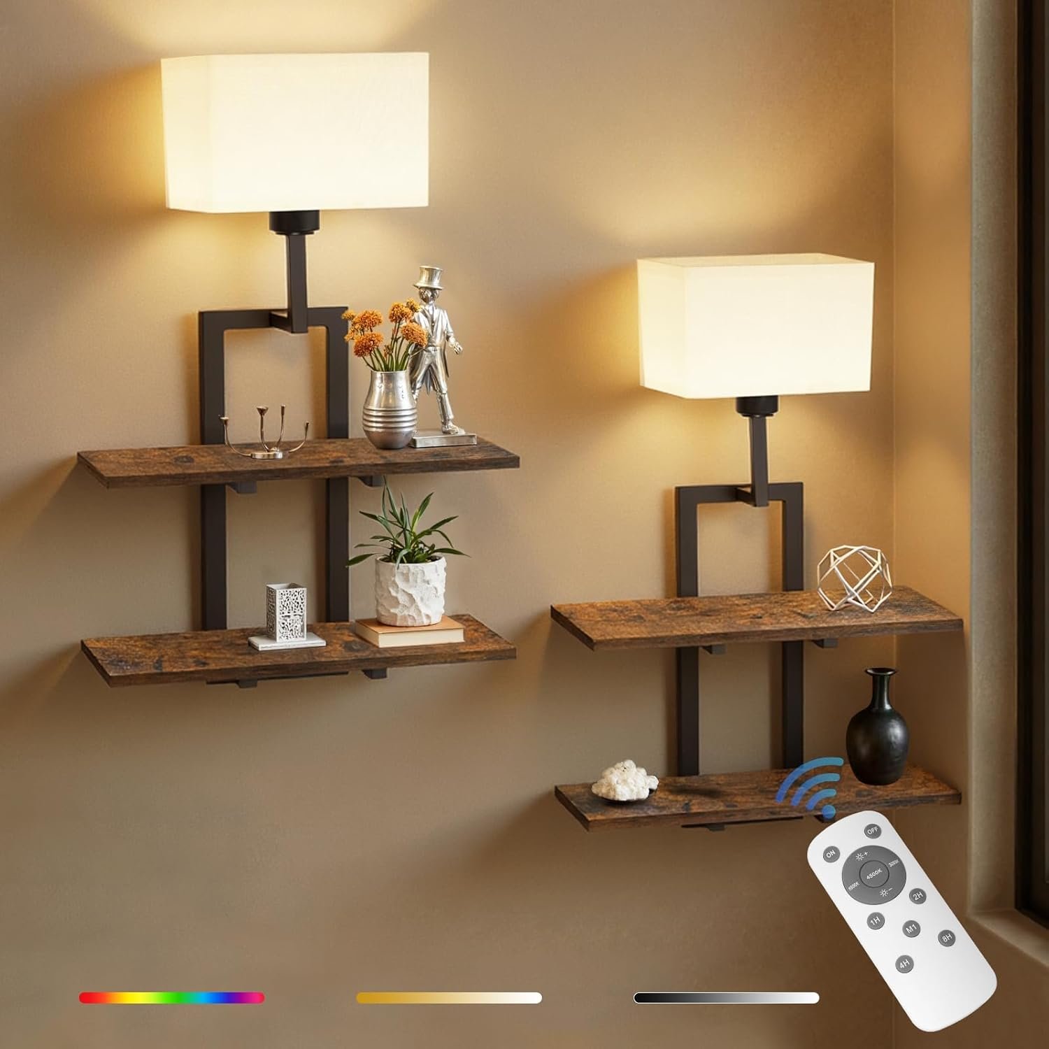 Set of 2 Battery Operated Wall Sconce with 2-Tier Shelf, Remote Wireless Rechargeable Dimmable Wall Lights with Floating Shelves, Wall Lamps for Bedroom Living Room Hallway Bathroom Decor