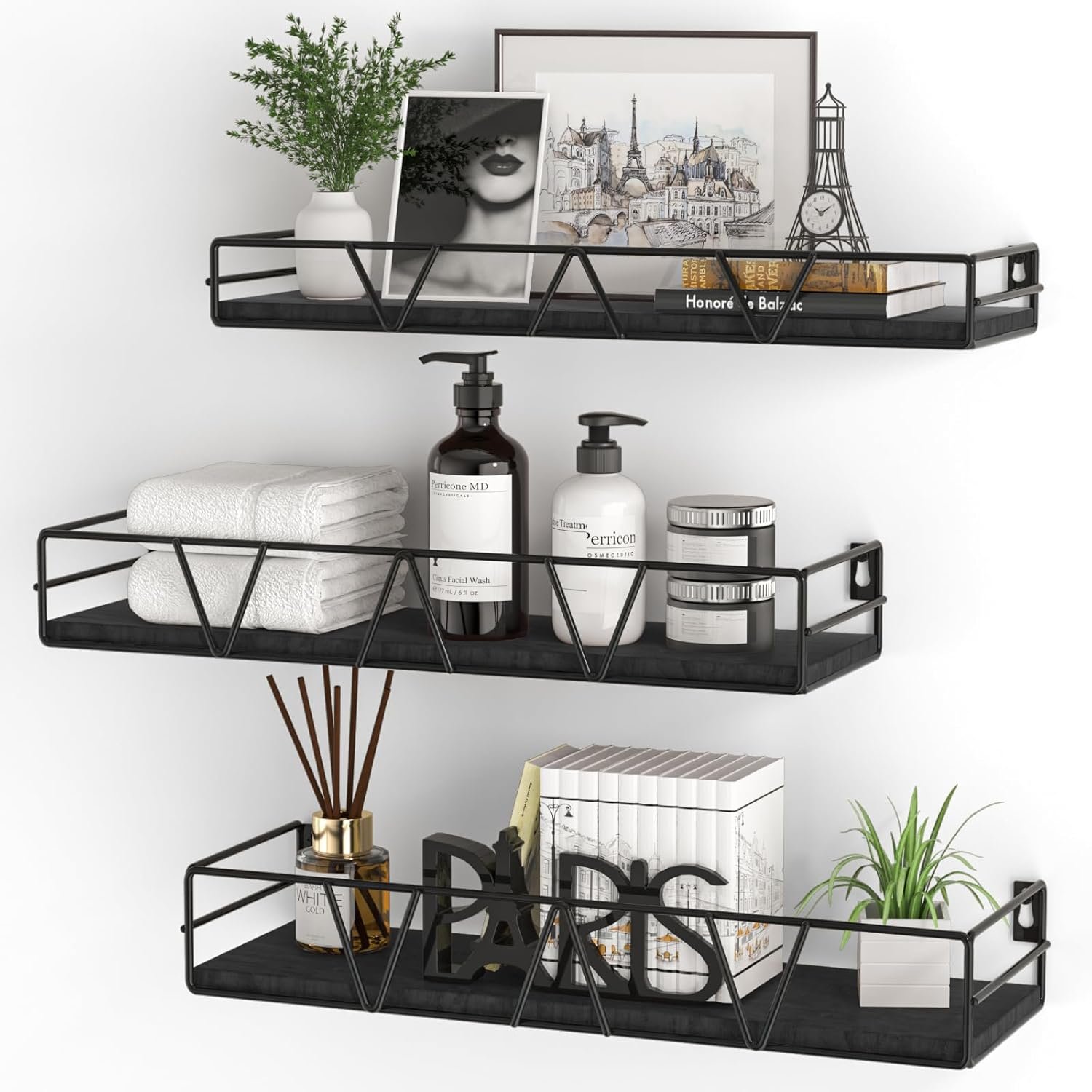 Floating Shelves Set of 3, Home Wood Wall Shelf, Farmhouse Shelf for Bedroom, Wall Mounted Floating Shelf for Living Room, Bedroom, Bathroom, Kitchen, Office (Black 2)