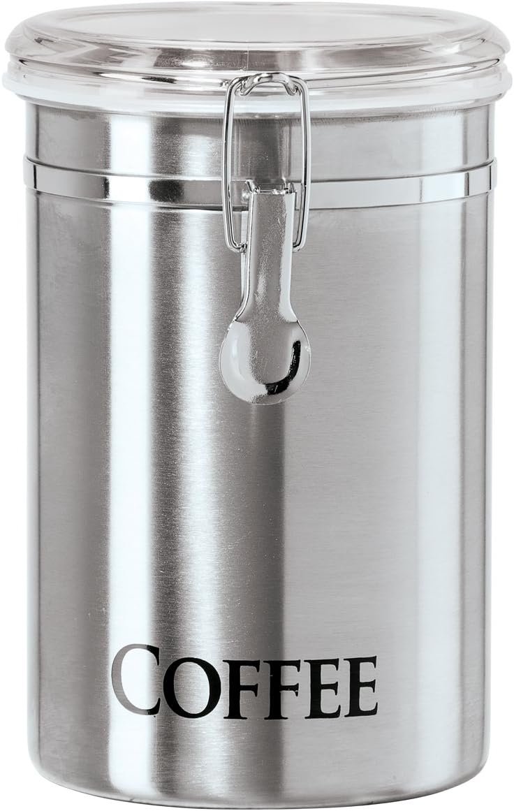 Oggi Stainless Steel Coffee Canister 62 fl oz – Airtight Clamp Lid, Clear See-Thru Top – Ideal for Coffee Bean Storage, Ground Coffee Storage, Kitchen Storage, Pantry Storage. Large Size 5″ x 7.5″.