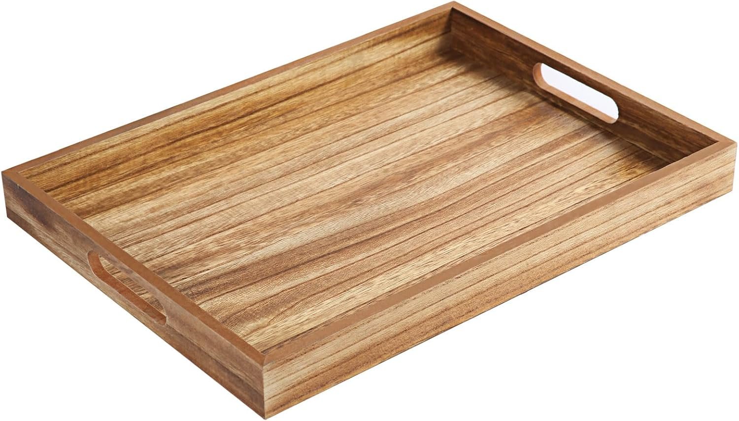 Krismax Wooden Serving Tray with Handles, Rustic Brown Rectangular Serving Platter 15.7×11.4 Inch for Coffee Table, Decorative Storage Tray