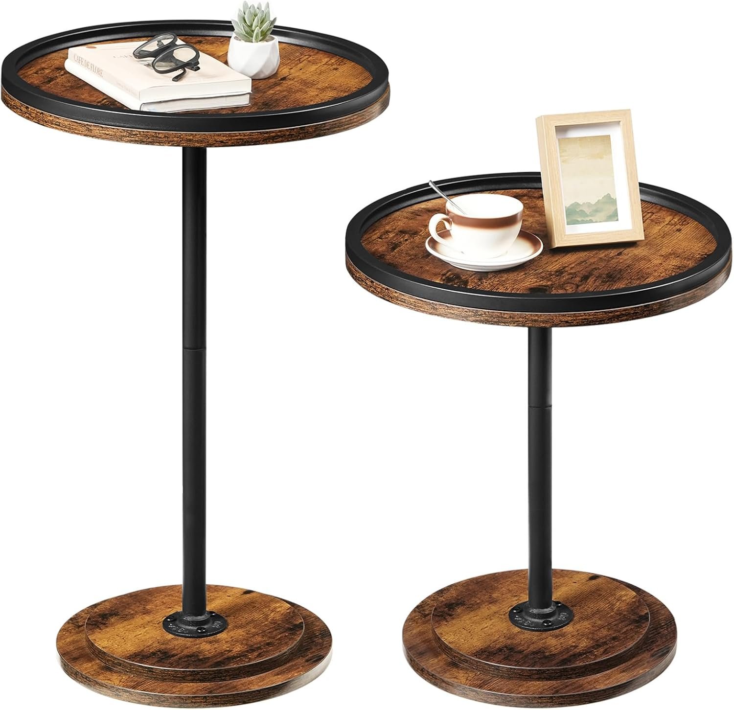 HOOBRO Nesting Coffee Table Set of 2, Small Round Coffee Table Set with Wooden Pedestal, Modern Circle Accent Side Tables for Living Room, Center, Rustic Brown BF170BZ01