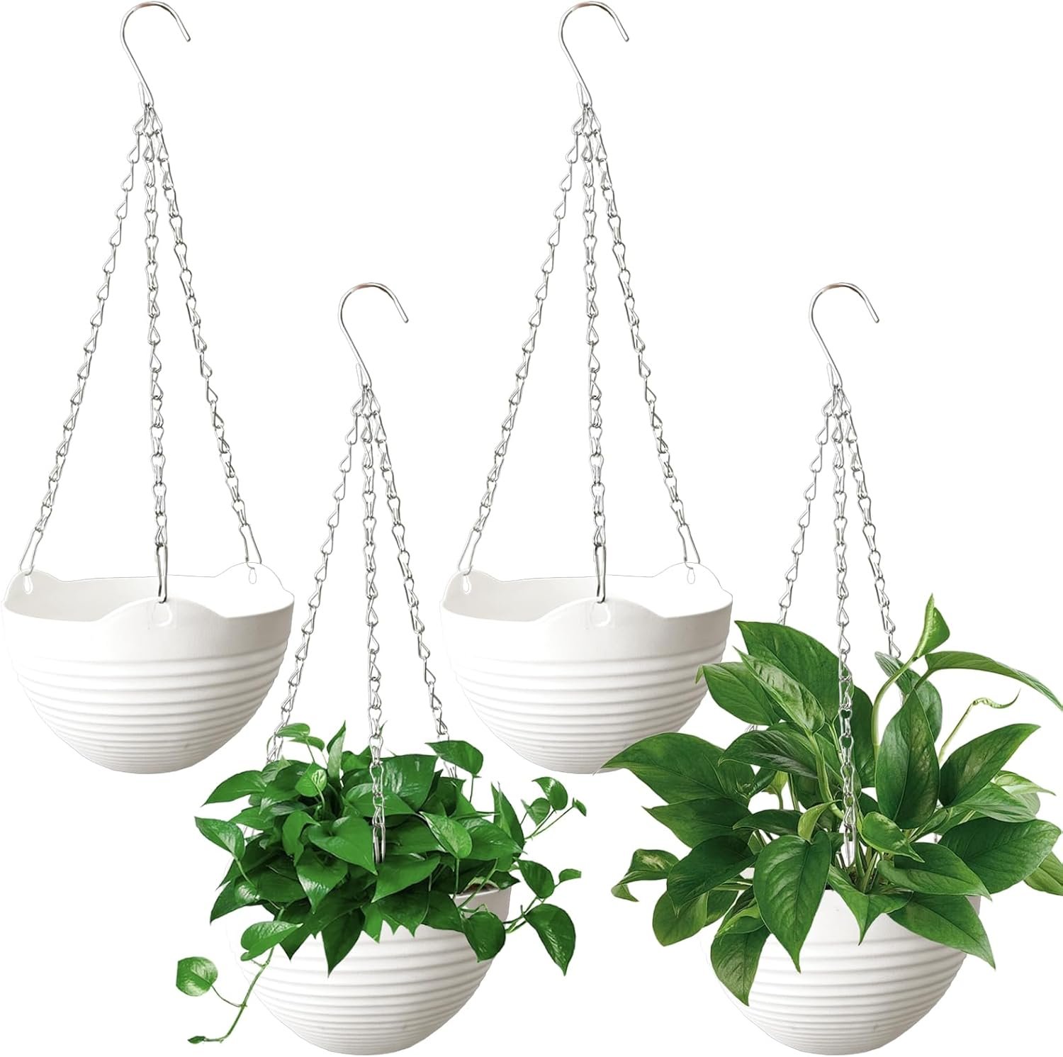4 Pack 8 inch Plastic Self Watering Hanging Planters,Round Hanging Basket Planter with Drainer and Metal Chain,White Garden Flower Plant Pot Container for Indoor Outdoor Plants