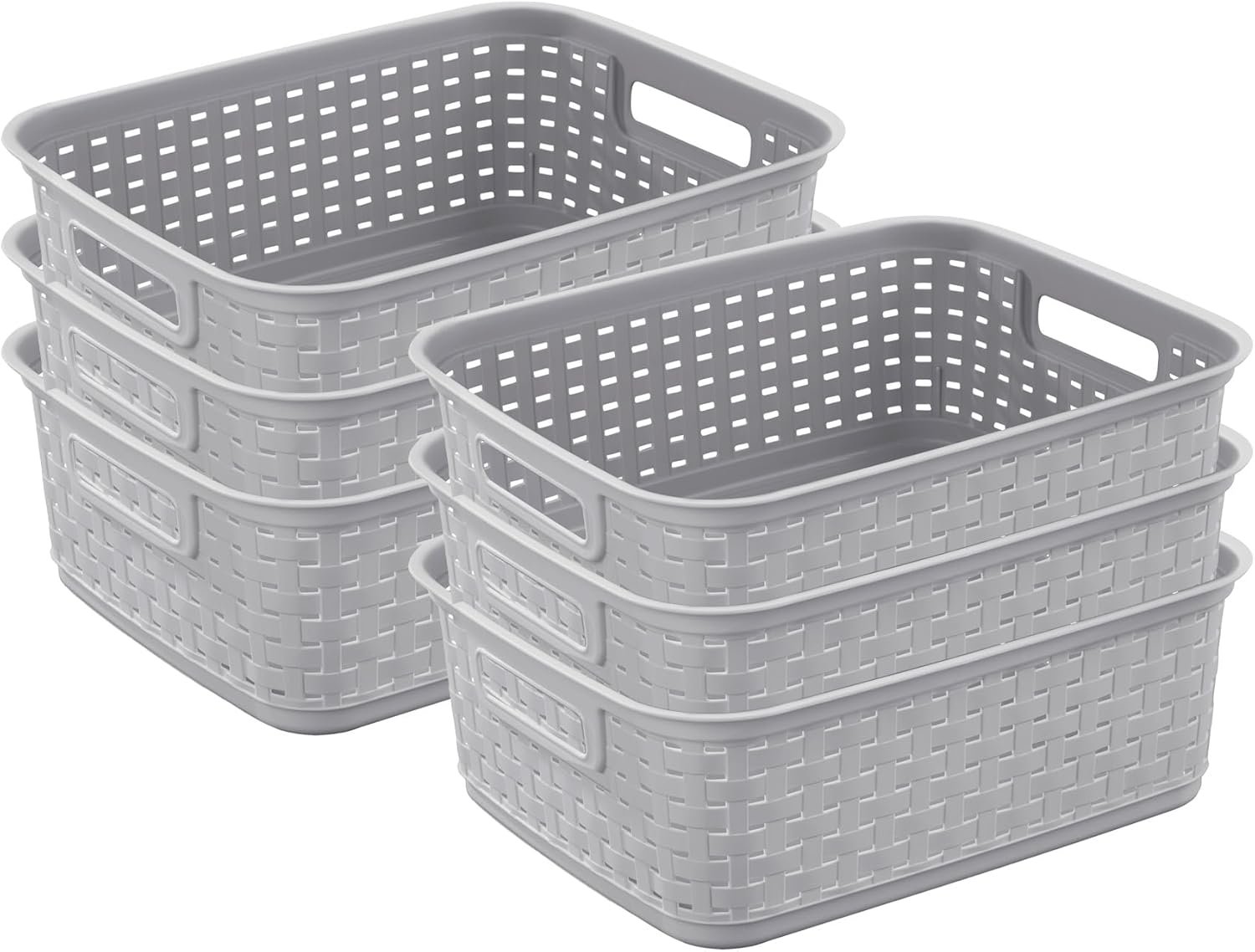 Sterilite Short Plastic Weave Storage Basket, Bin Organization for Countertops, Tabletops, and Shelves for Crafts, Jewelry, Gray, 6-Pack