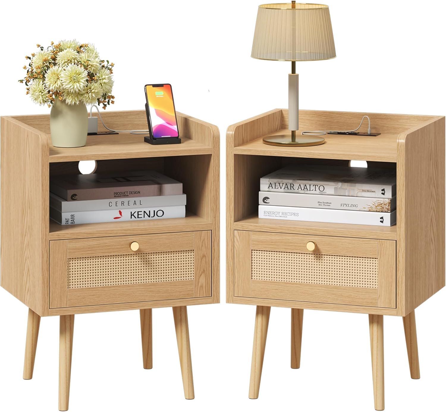 Night Stand Set of 2, Bedside Tables with Charging Station, Rattan End Tables, Bed Side Tables, Wood Nightstands Set of 2 for Small Space Farmhouse Kids’ Room Bedroom Living Room Dorm Natural
