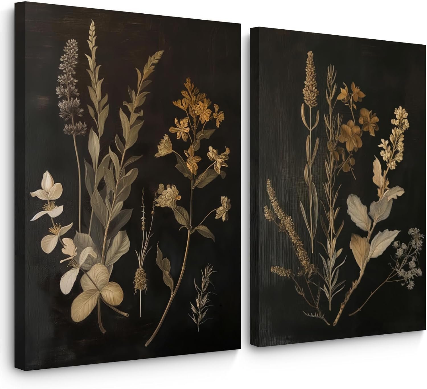 Vintage Floral Wall Art Decor Black Botanical Canvas Art Moody Flower Wall Art Dark Academia Poster Painting Vintage Floral Prints Pictures for Bedroom Living Room 12×16 Inch Framed Set of 2