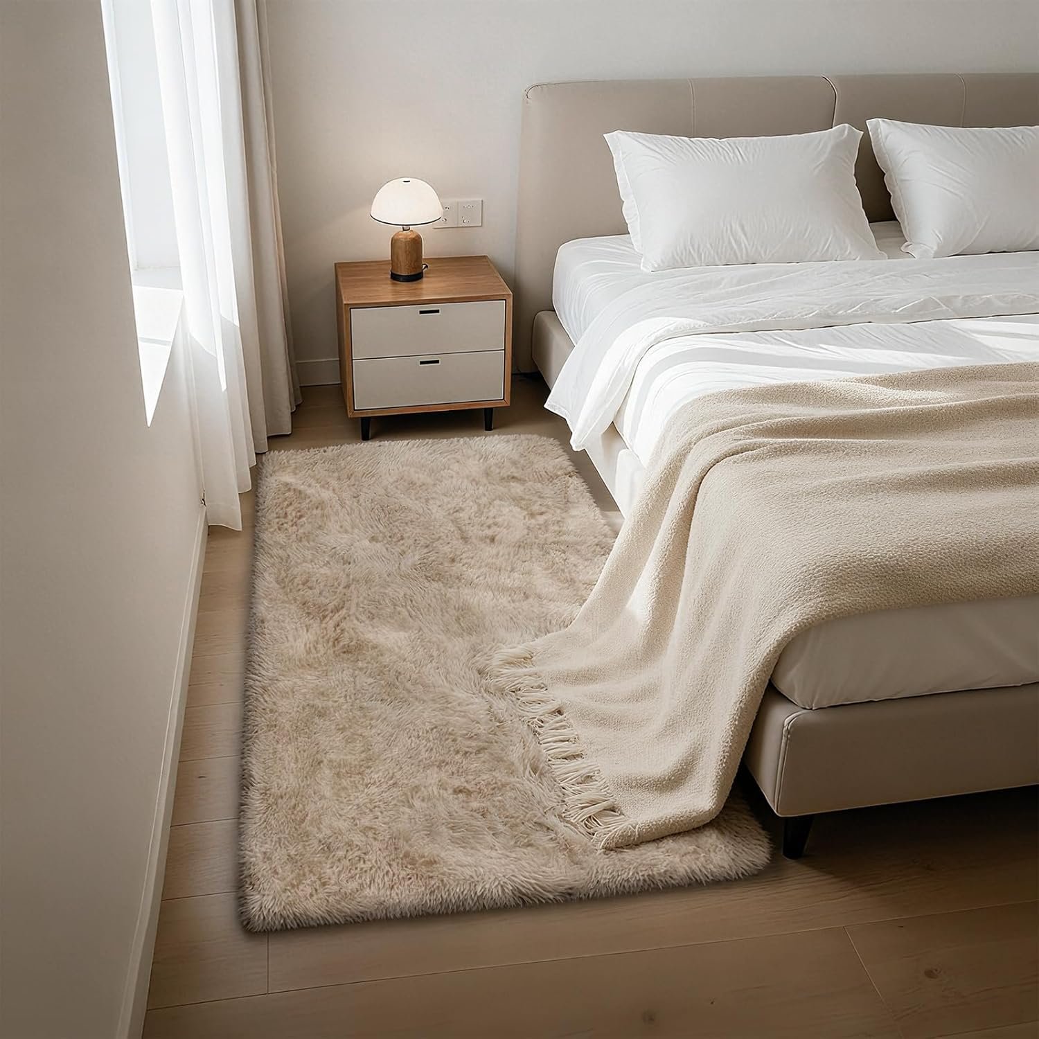 Fluffy Rug Shaggy Area Rug, Beige 3×5 Area Rugs for Bedroom, Small Bedside Rug, Soft Fluffy Shaggy Entryway Throw Rugs for Living Room Bedroom Kids Room Home Decor