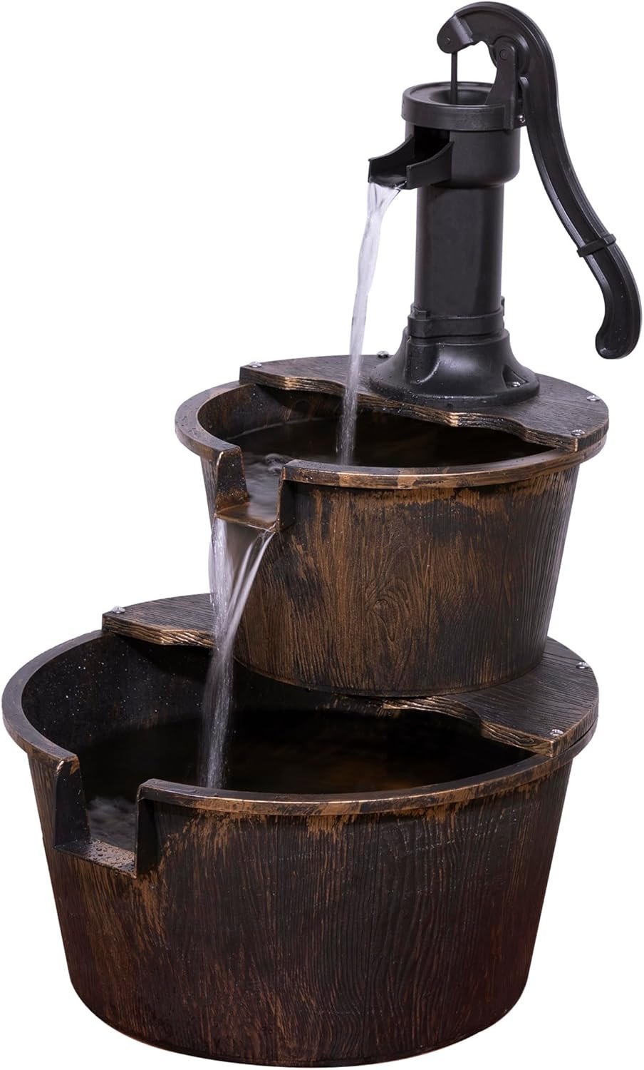 Alpine Corporation TIZ194BZ | Rustic Outdoor 2-Tier Barrel Pump Water Fountain — Relaxing Water Flow, 27″H Bronze Finish Décor