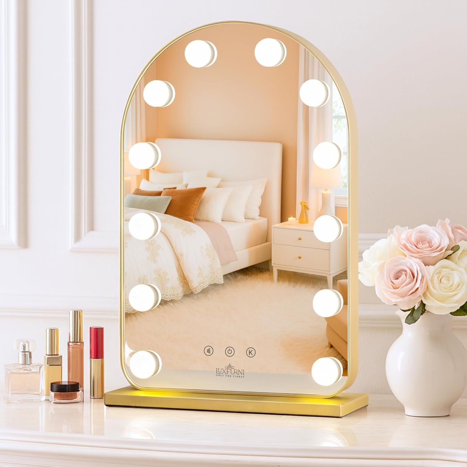 LUXFURNI Vanity Mirror with Lights, 20.5″ L x 13″ W Arched LED Makeup Mirror, Lighted Makeup Mirror with Lights, Smart Touch Control Dimmable 3 Modes Light, Gold