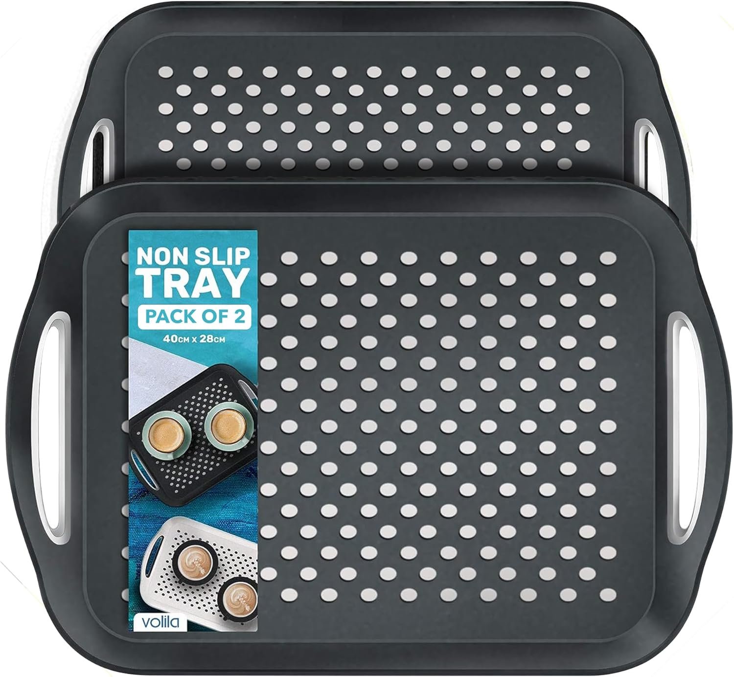 Food Trays for Eating on Couch – 2 Pack – Non Slip Dinner Trays for Eating Set of 2 Non Slip Serving Tray and Food Tray with Handles (Black)