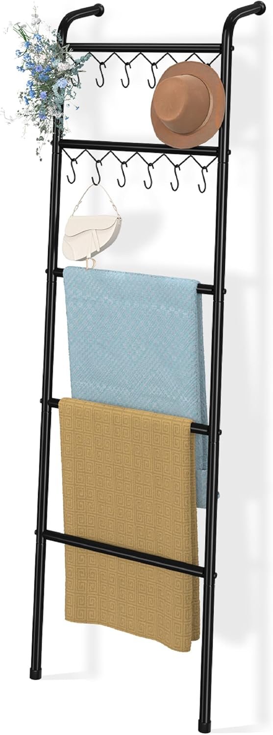 Simple Trending Blanket Ladder，5 Tier Metal Towel Rack with 12 Hooks, 79” Metal Style Decorative Ladder for The Living Room Bedroom Bathroom Home Decor, Black