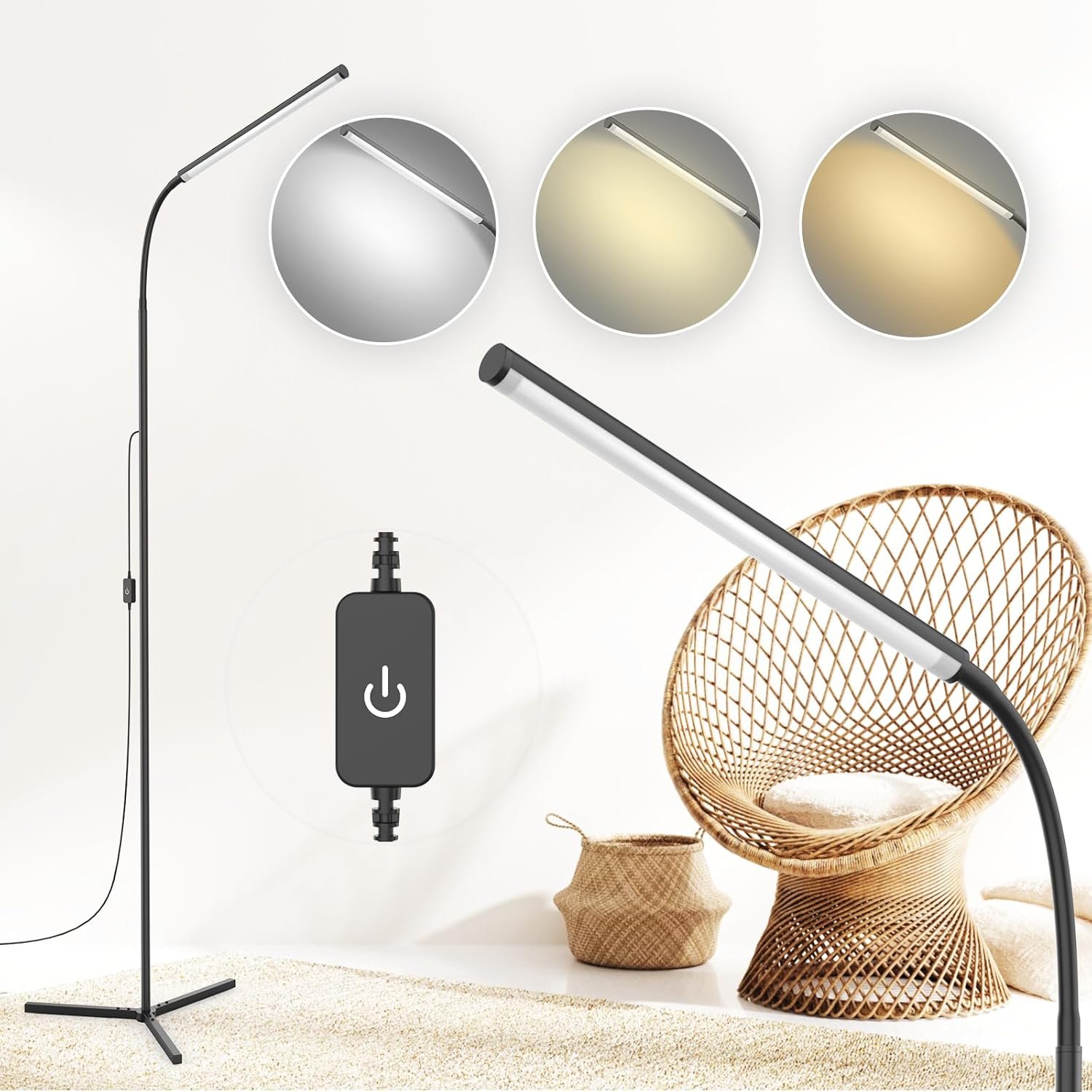 15W Floor Lamp with Touch Control Adjustable Brightness 3500K-7000K 360° Gooseneck LED Floor Lamps Eye-Caring Floor Lamp for Living Room, Bedroom & Office Stepless Dimming Standing Lamp