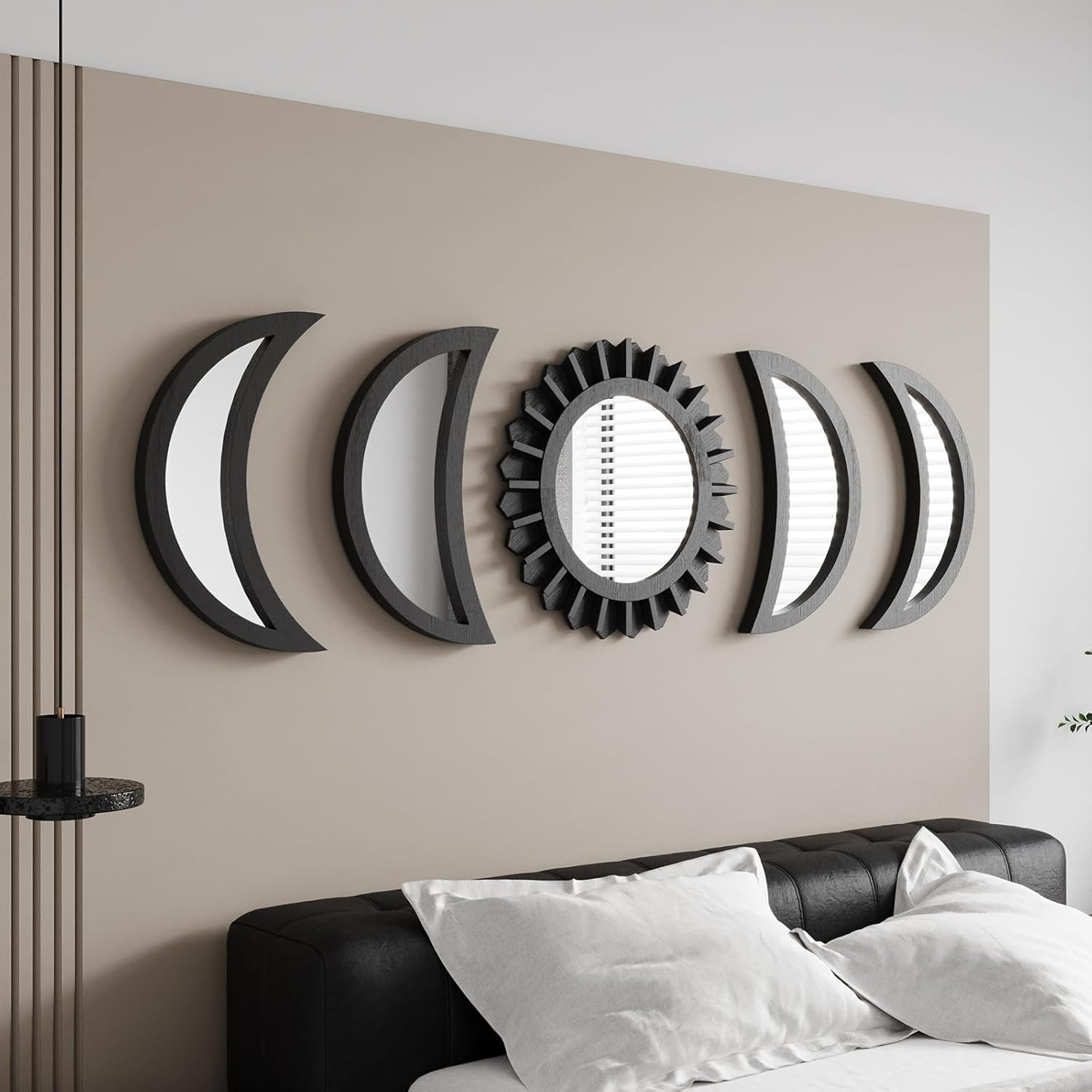 WAKOSAN Wall Mirror, Moon Phase Mirror Set, Wall Decor for Bedroom, Bohemian 5PCS Wooden and Real Glass Mirror with Crystal Clear Reflection, Boho Decor, Multi-Angle Installation (Black)