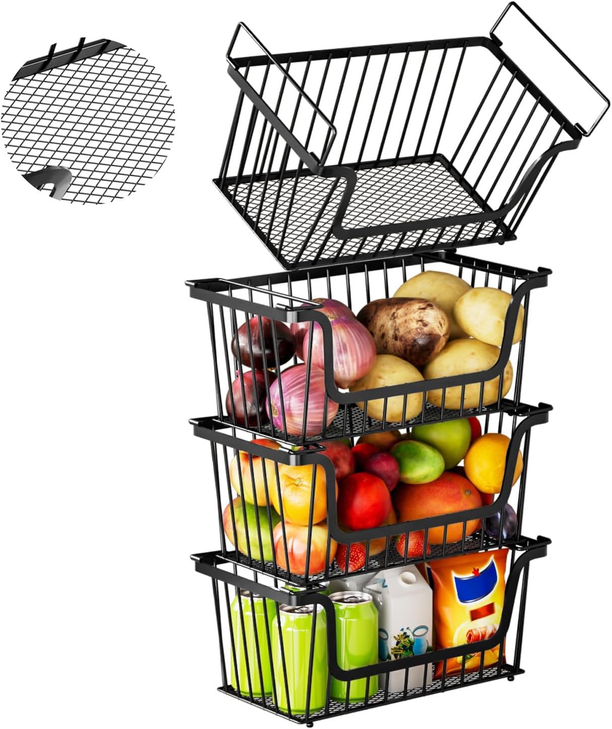 4 Pack Enhanced Leak-Proof Bottom Stackable Wire Baskets, Pantry Organizers and Storage, pantry storage，Shelf Baskets, Fruit Basket, Potato and Onion Storage Bins，(Black)