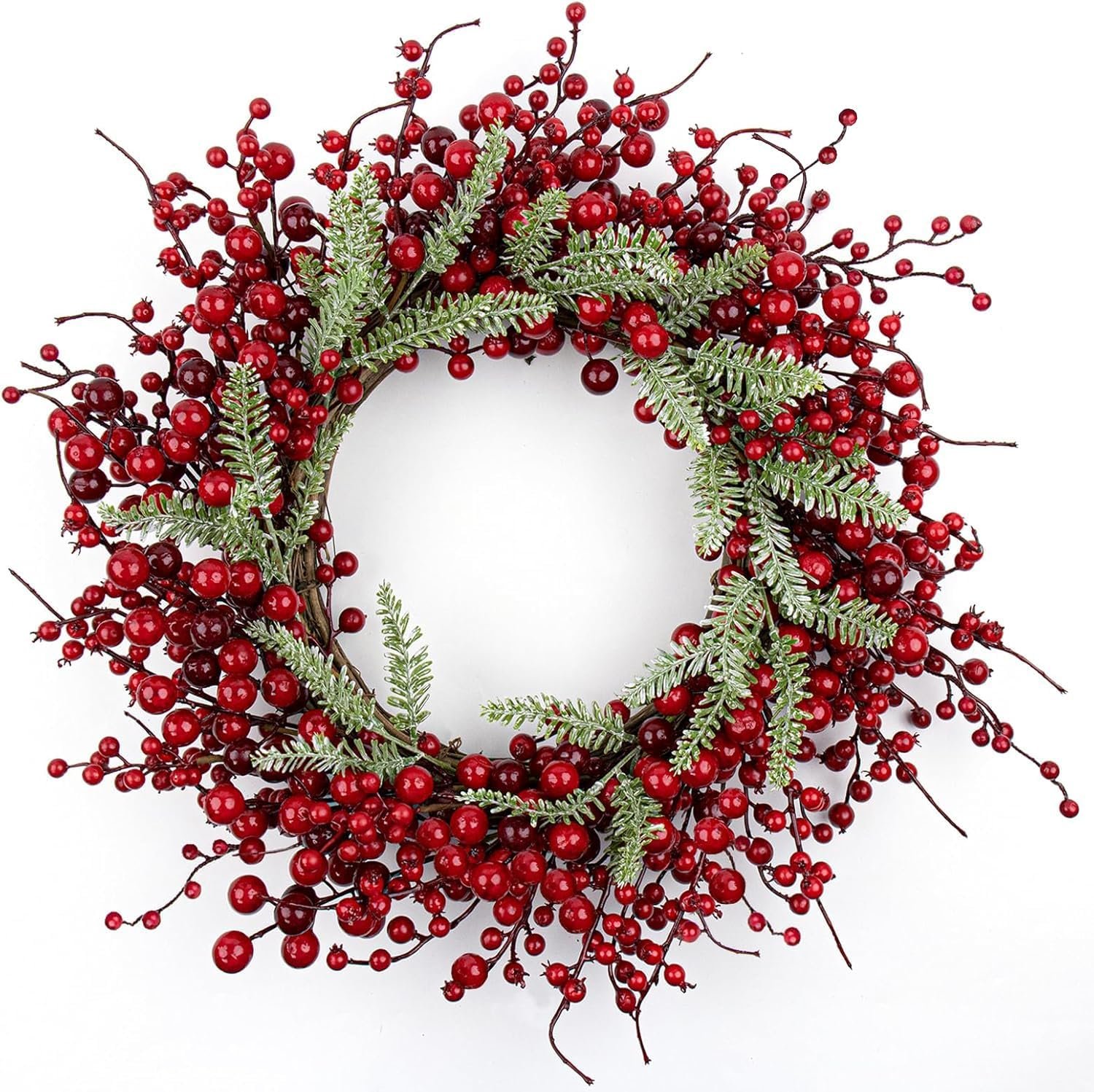 20 Inches Red Christmas Wreaths Farmhouse Christmas Wreaths for Front Door Classic Red Berry Wreath Winter Holiday Wreath with Fir Pine Needle for Doors Window Indoors Porches Outside